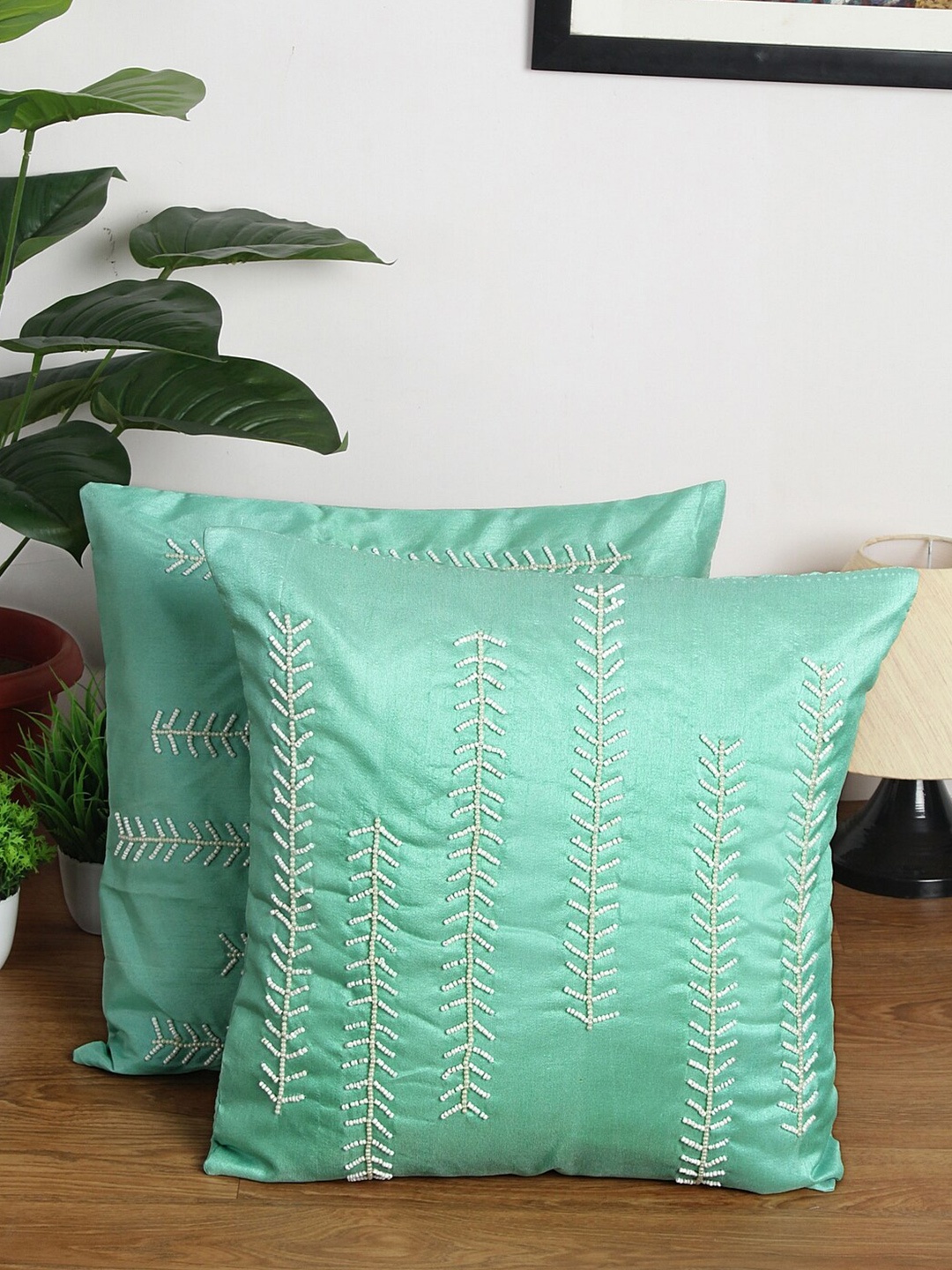 

Alina decor Sea Green Set of 2 Embellished Square Cushion Covers