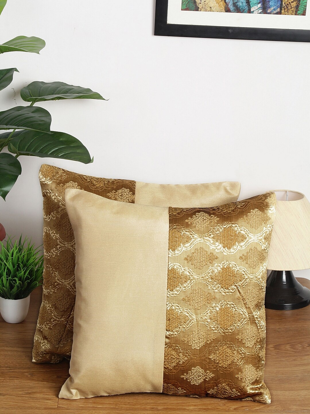 Alina decor Beige & Gold-Toned Set of 2 Ethnic Motifs Square Cushion Covers