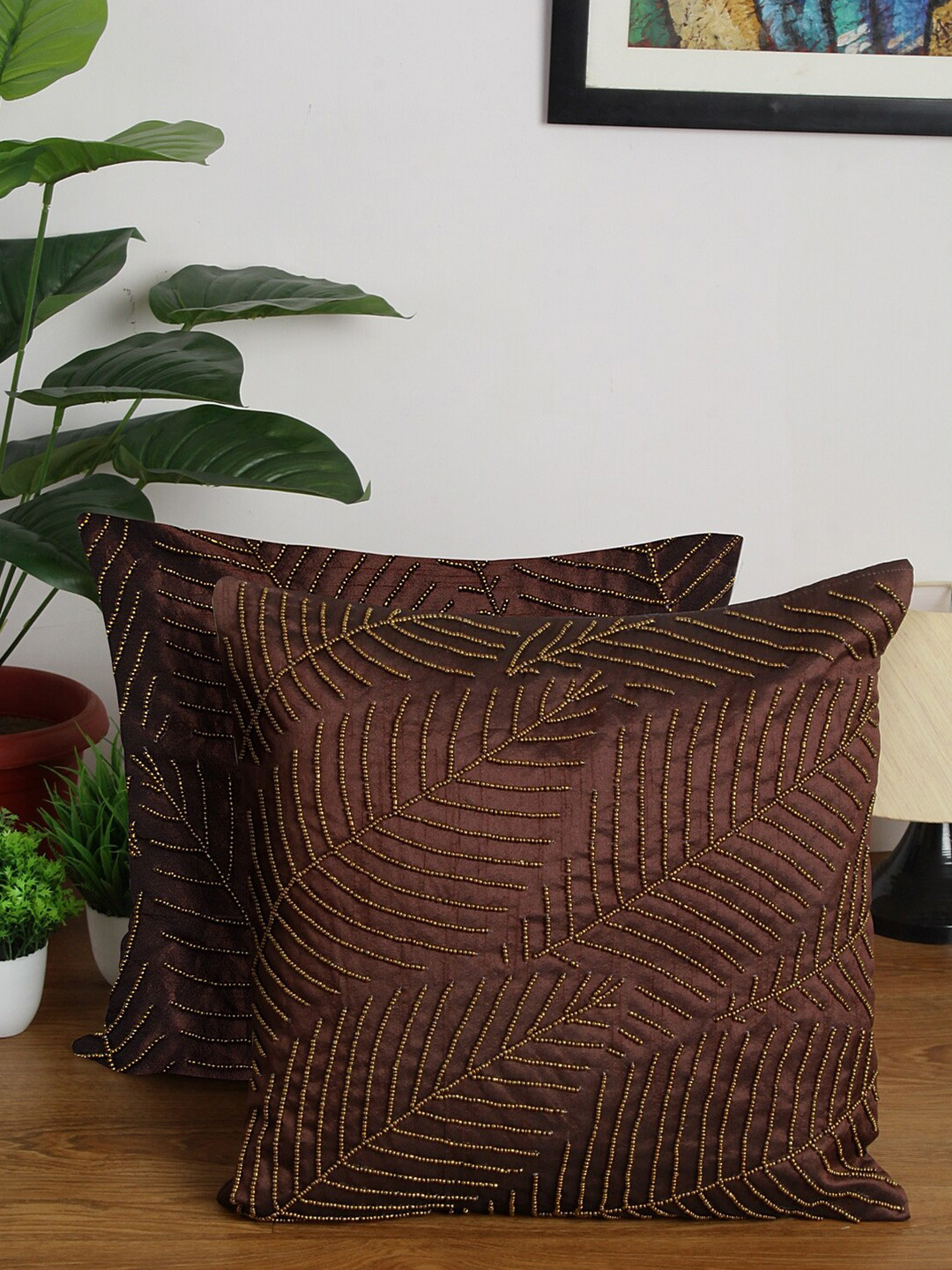 

Alina decor Brown Set of 2 Embroidered Square Cushion Covers