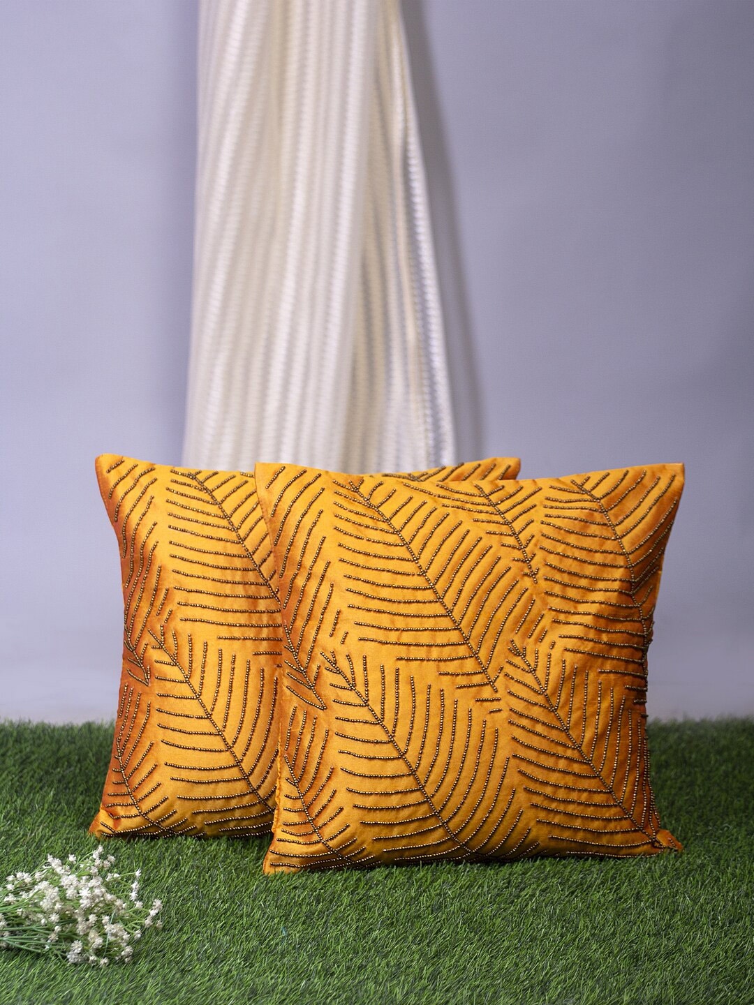 Alina decor Yellow & Brown Set of 2 Embellished Square Cushion Covers