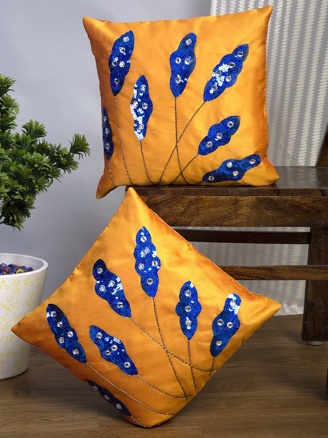 

Alina decor Yellow & Blue Set of 2 Embellished Square Cushion Covers