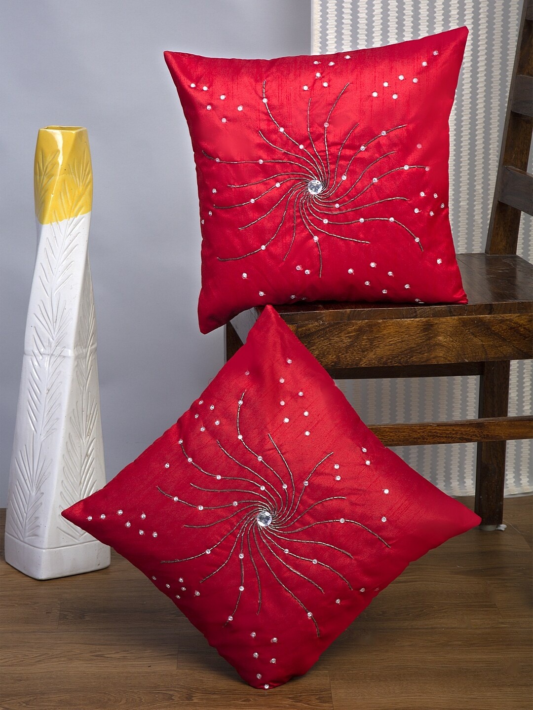

Alina decor Red Set of 2 Embellished Square Cushion Covers