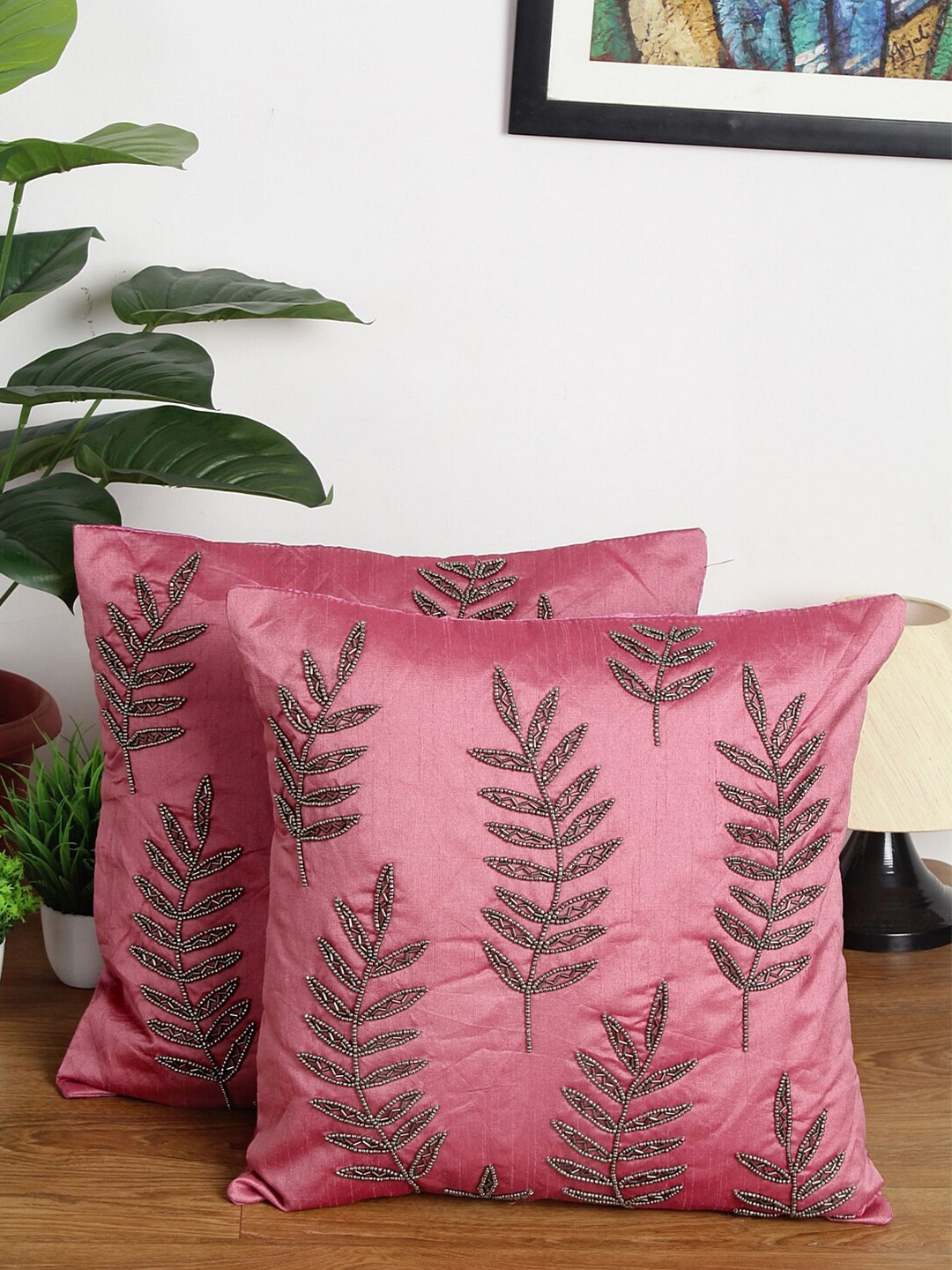 Alina decor Pink & Golden Set of 2 Embellished Square Cushion Covers