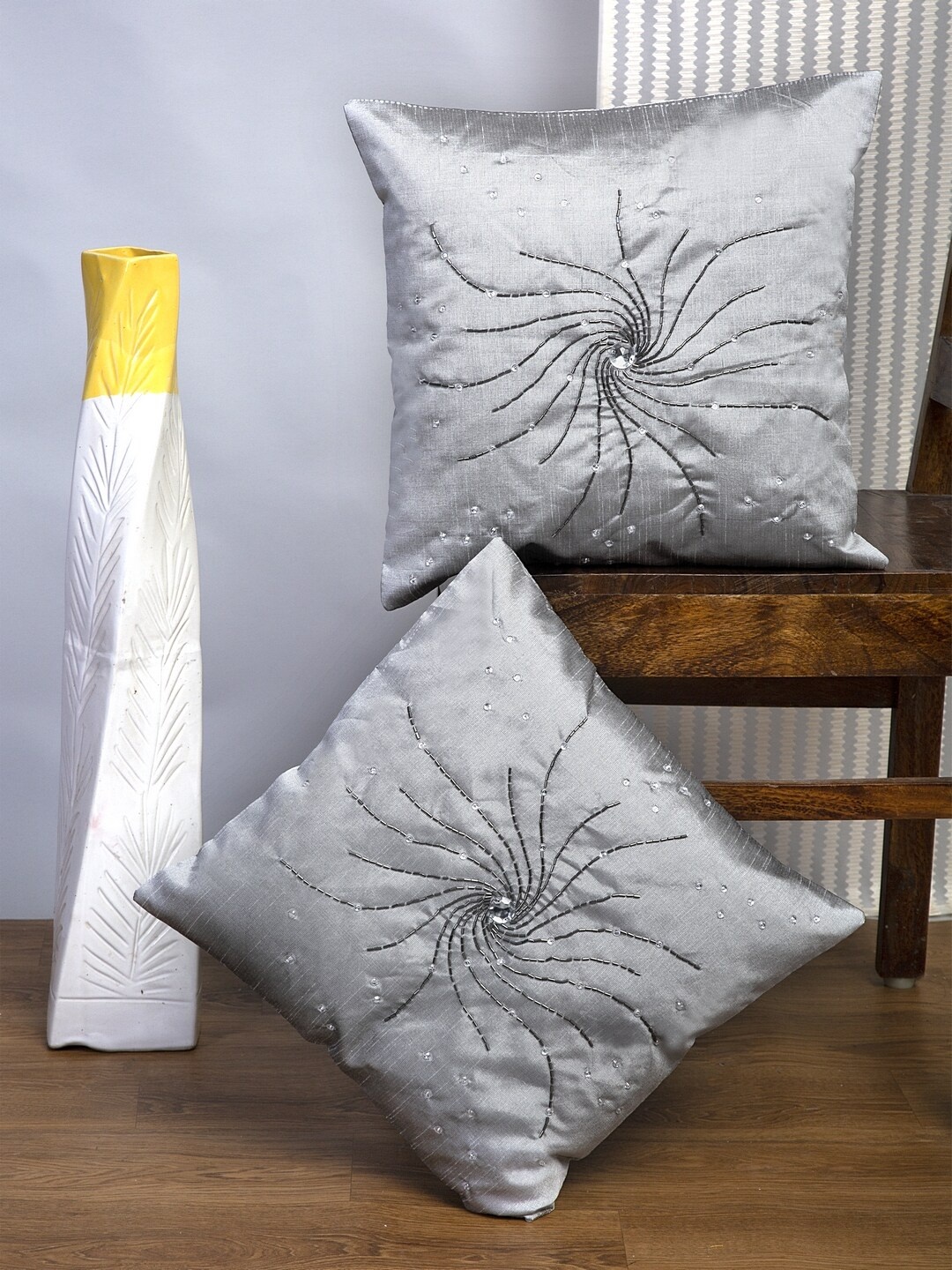 

Alina decor Grey Set of 2 Embellished Square Cushion Covers