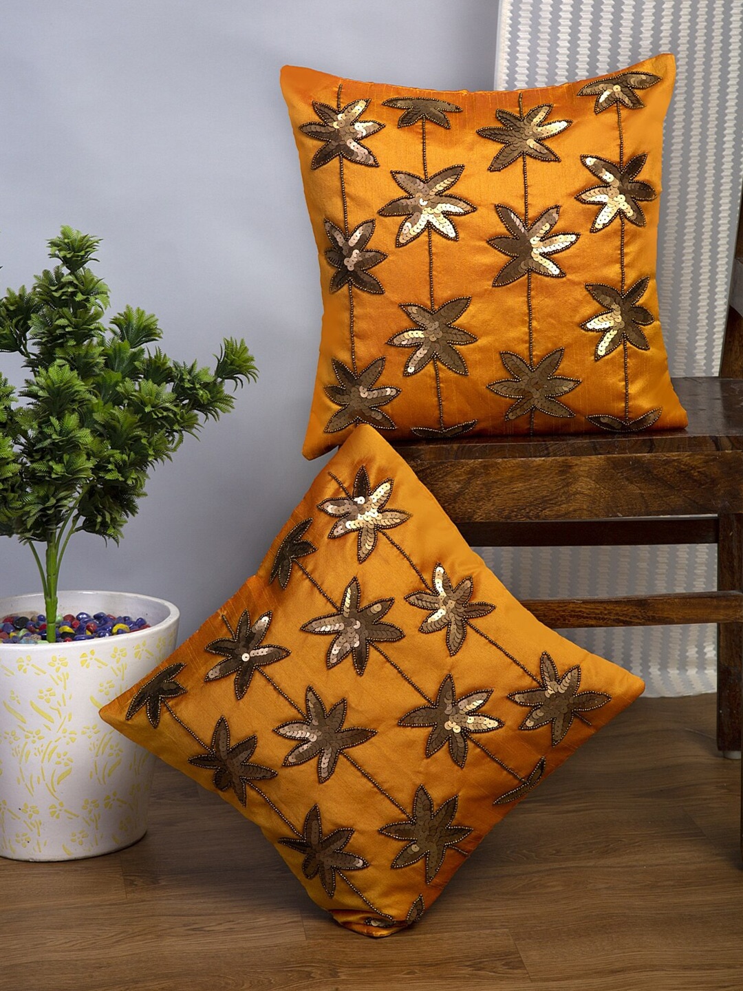 

Alina decor Yellow & Gold-Toned Set of 2 Embellished Square Cushion Covers