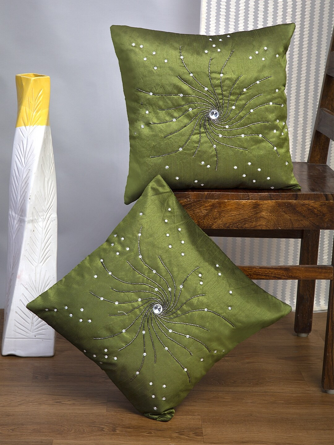 

Alina decor Green & White Set of 2 Embellished Square Cushion Covers