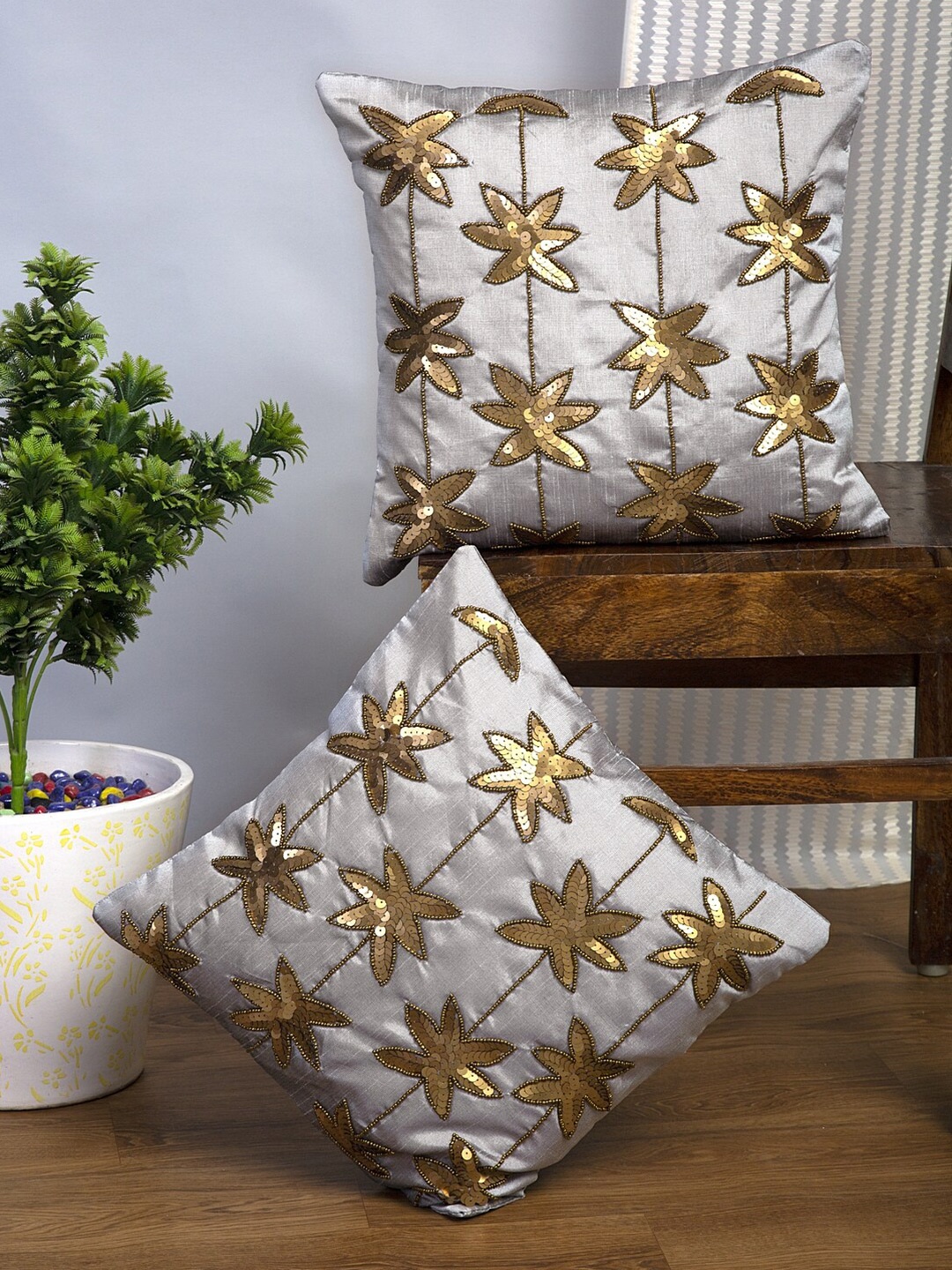 

Alina decor Grey & Bronze-Toned Set of 2 Embellished Square Cushion Covers