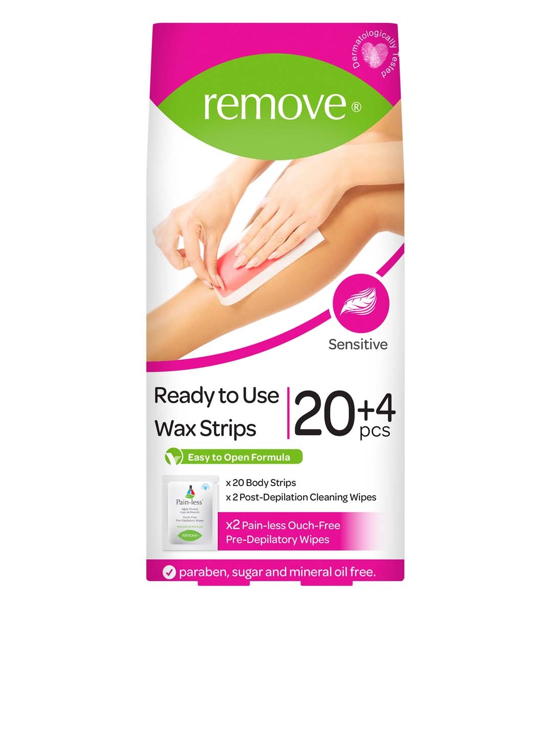 

Remove Body Wax Strips - Sensitive - 20 Body Strips & 4 Wipes, Pink