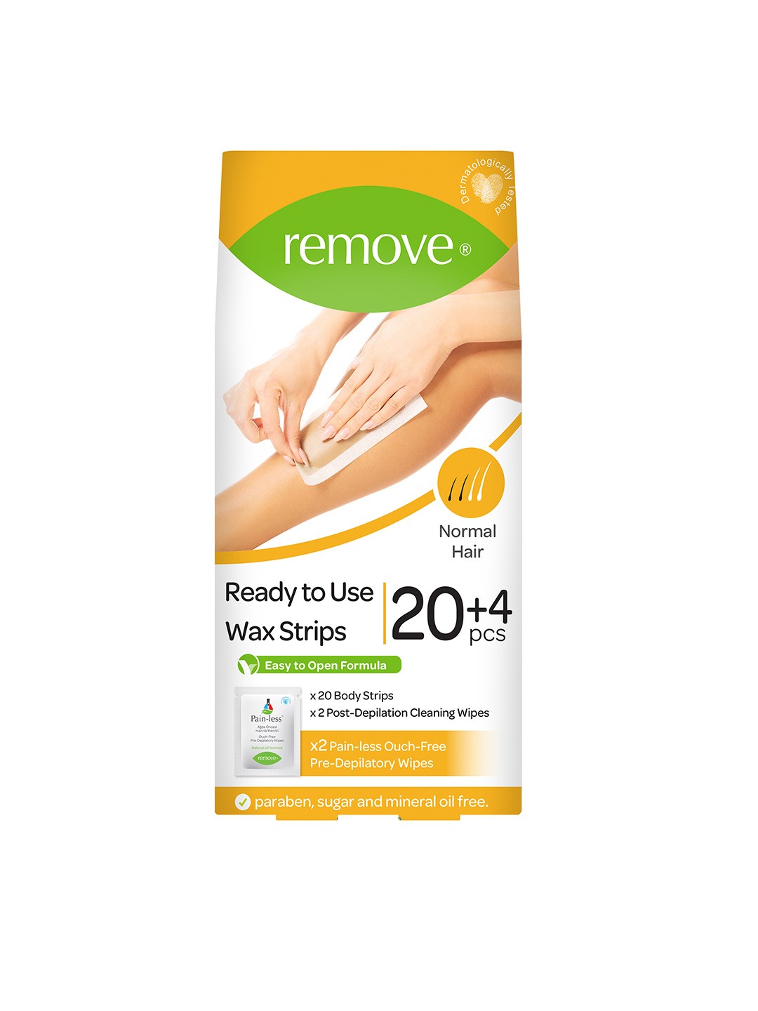 

Remove Body Wax Strips - Normal Hair - 20 Body Strips & 4 Wipes, Yellow