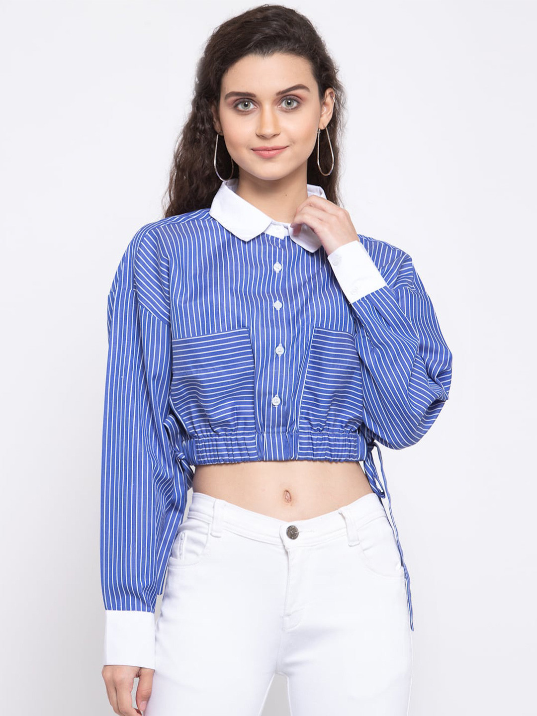 

Zastraa Women Blue & White Slim Fit Striped Cropped Casual Shirt