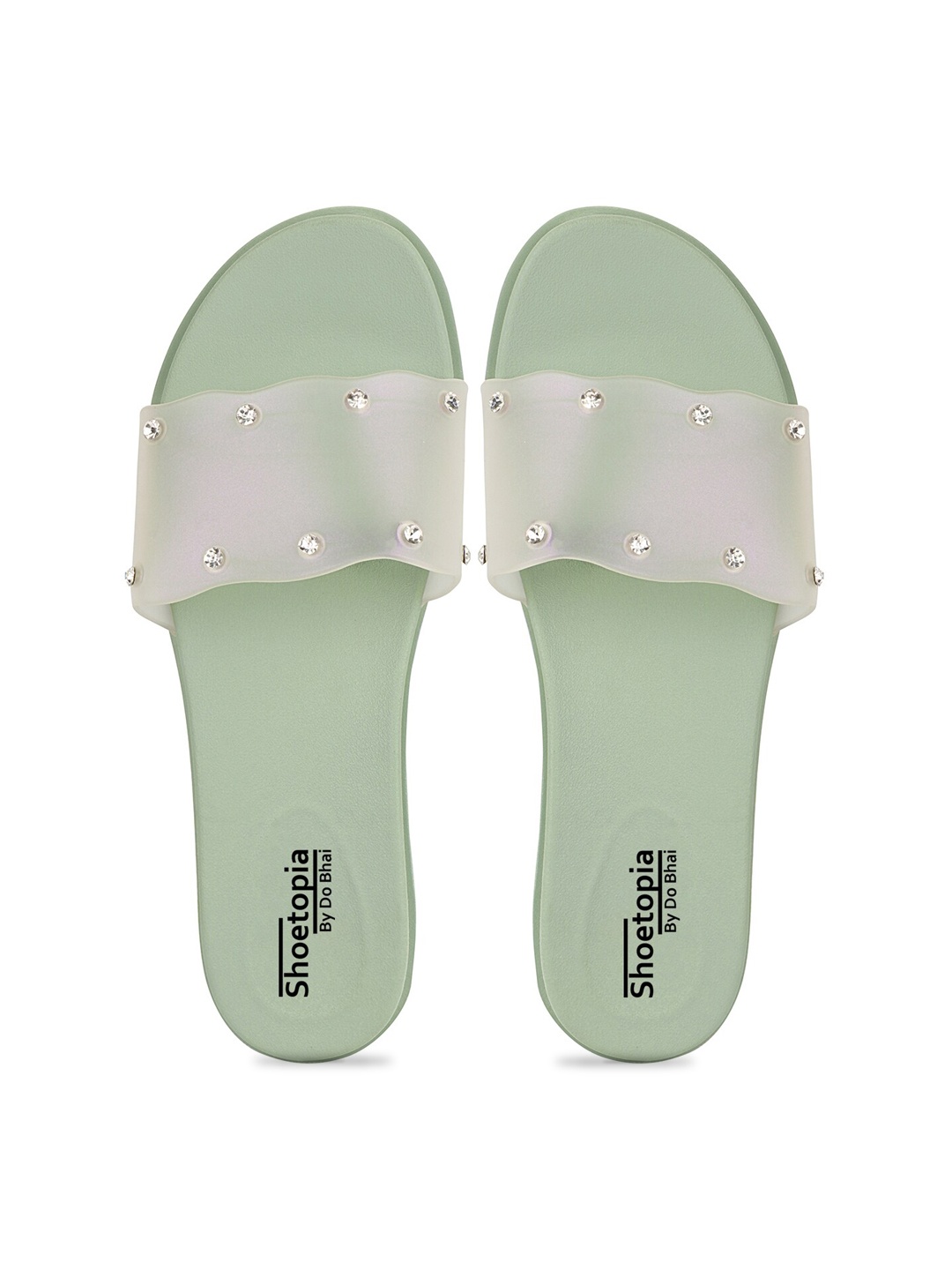 

Shoetopia Women Transparent & Green Embellished Sliders