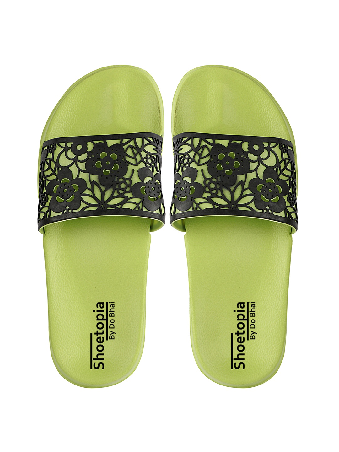 

Shoetopia Girls Black & Green Self Design Sliders