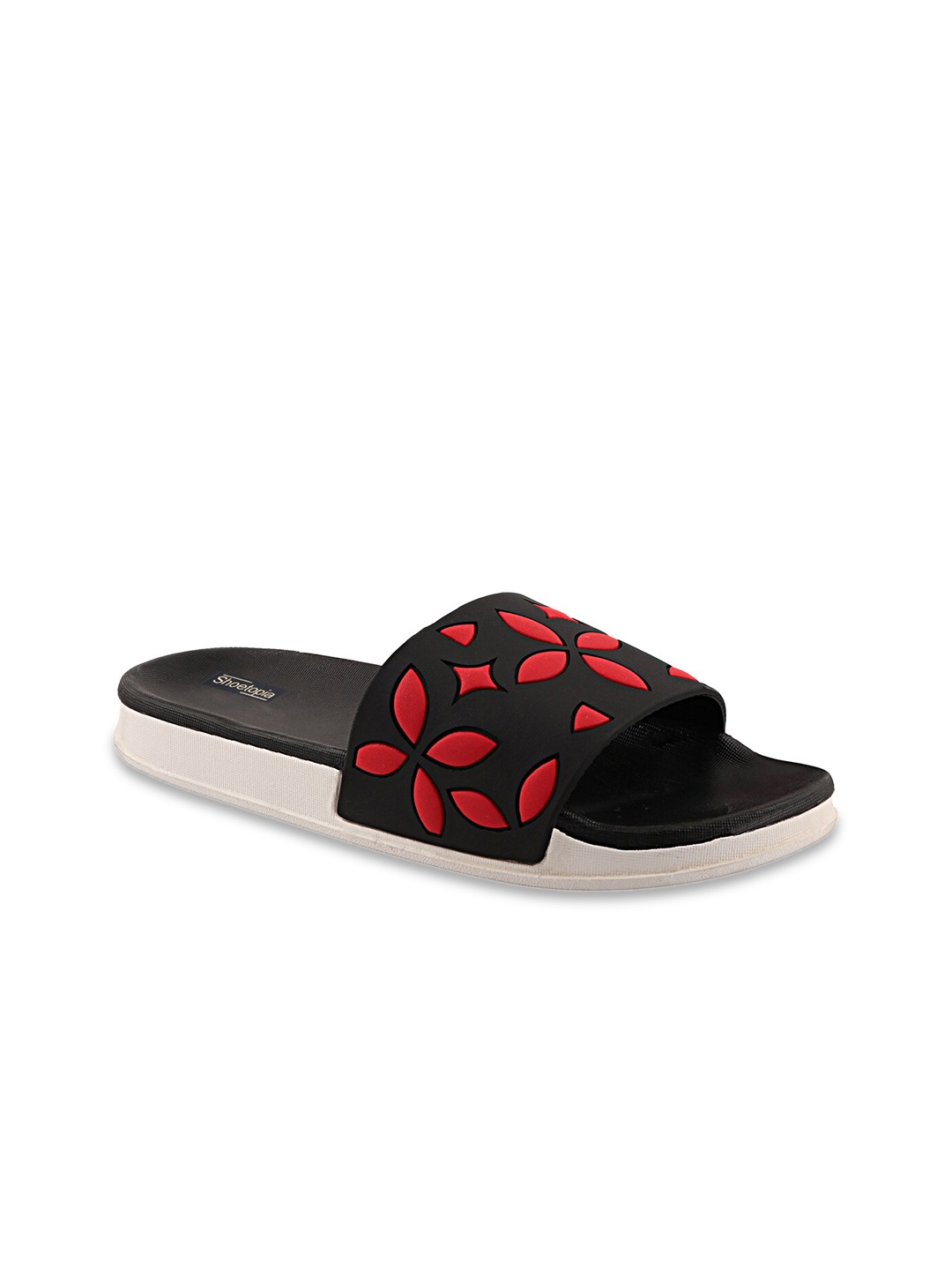 

Shoetopia Girls Black & Red Self Design Sliders