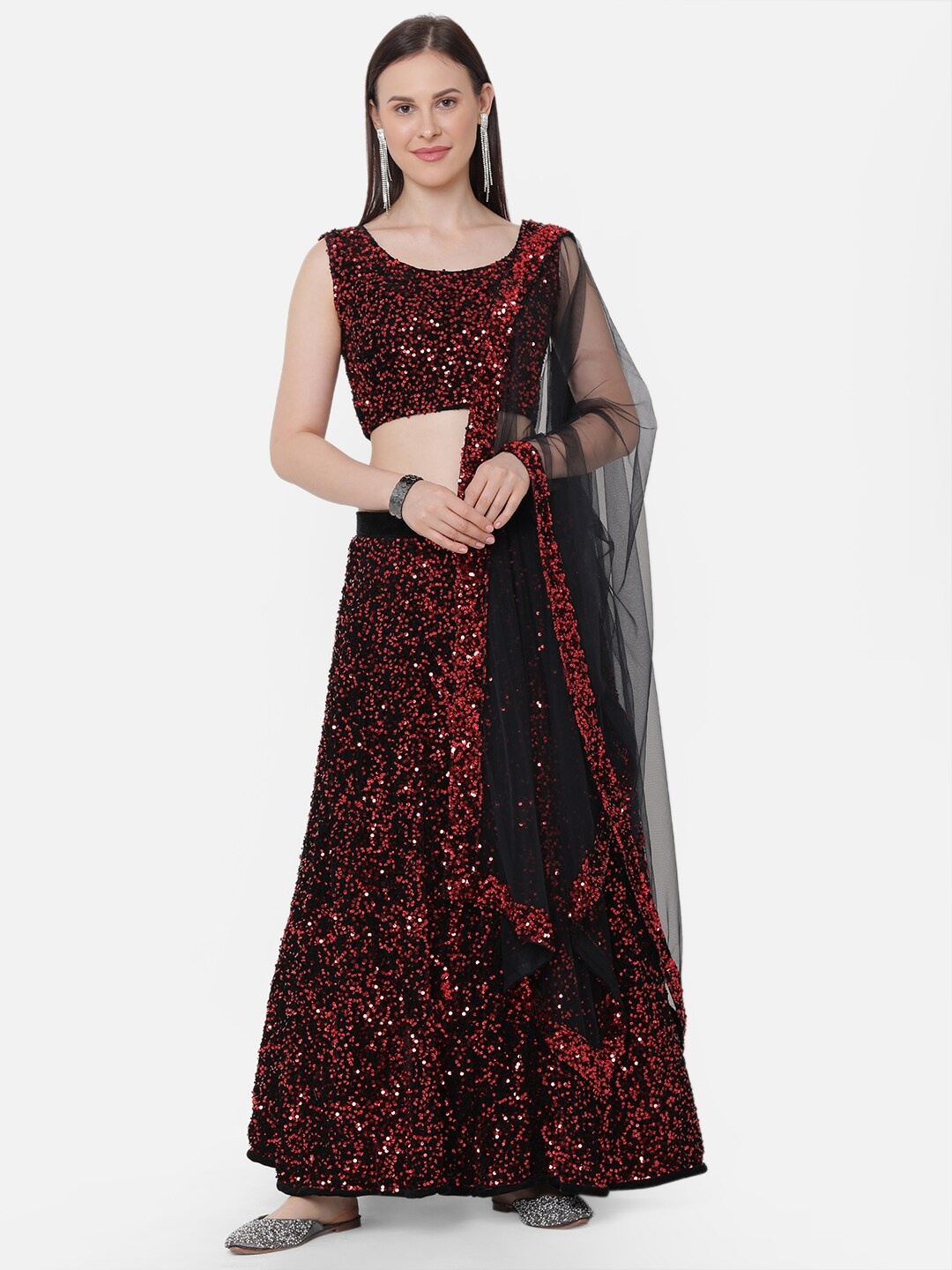 

RedRound Red & Black Embellished Semi-Stitched Lehenga & Unstitched Blouse with Dupatta