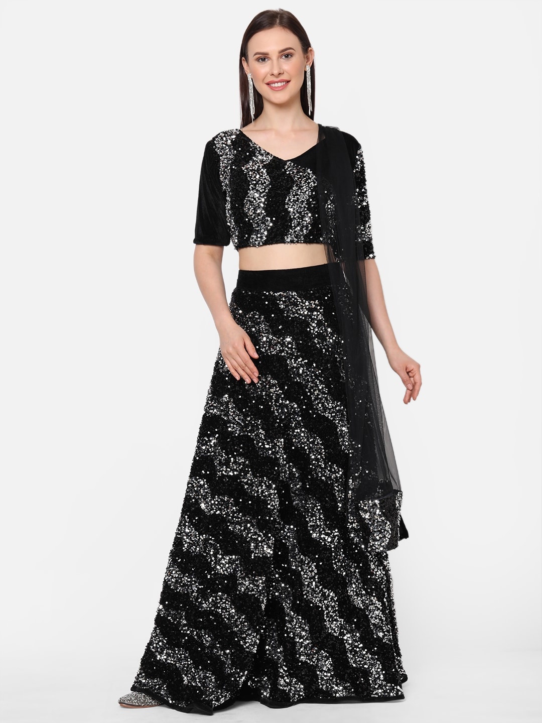 

RedRound Black Semi-Stitched Velvet Lehenga & Blouse with Dupatta