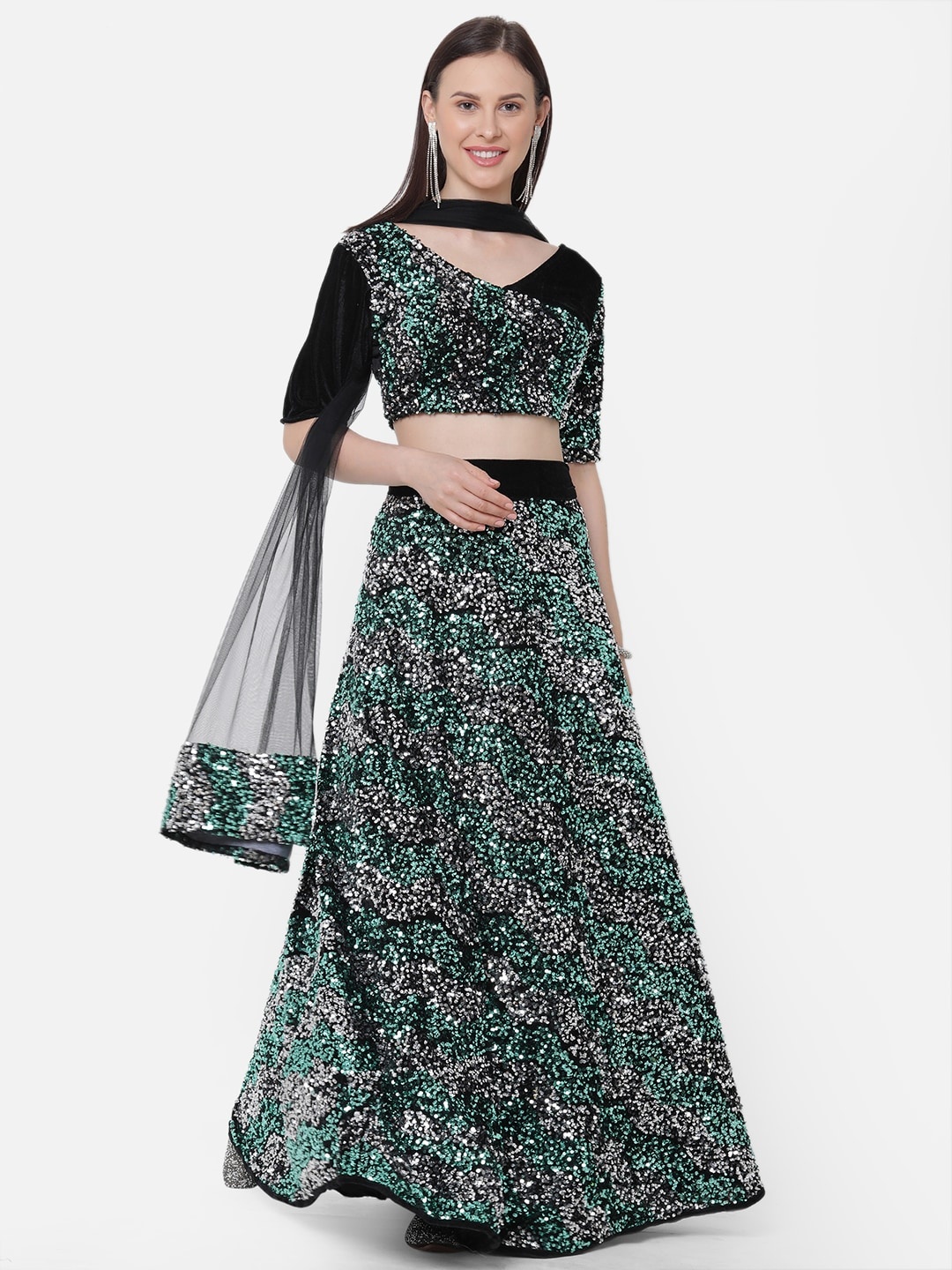 

RedRound Green & Silver-Toned Embellished Semi-Stitched Lehenga & Unstitched Blouse with Dupatta