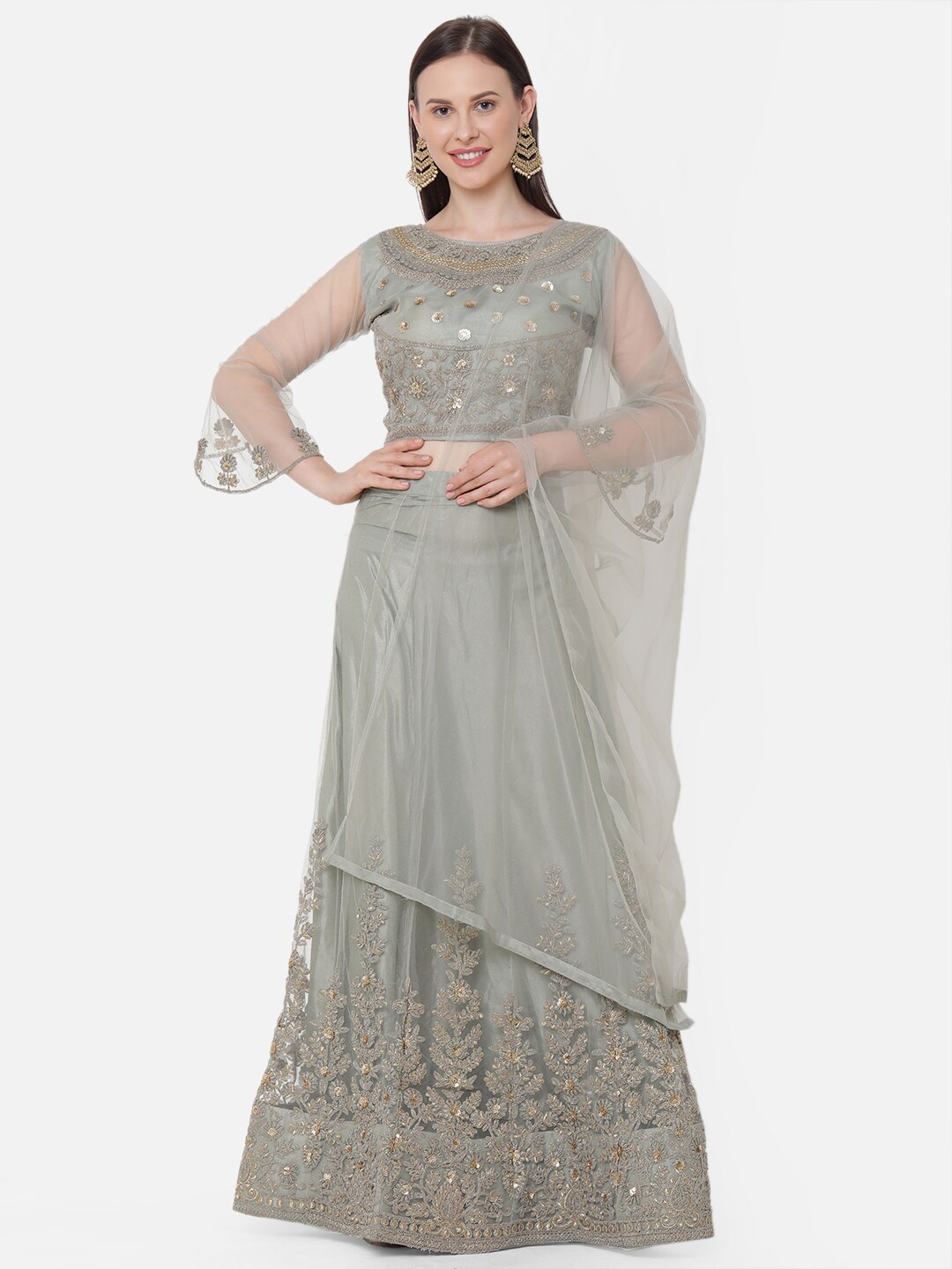 

RedRound Olive Green & Gold-Toned Embroidered Semi-Stitched Lehenga Choli