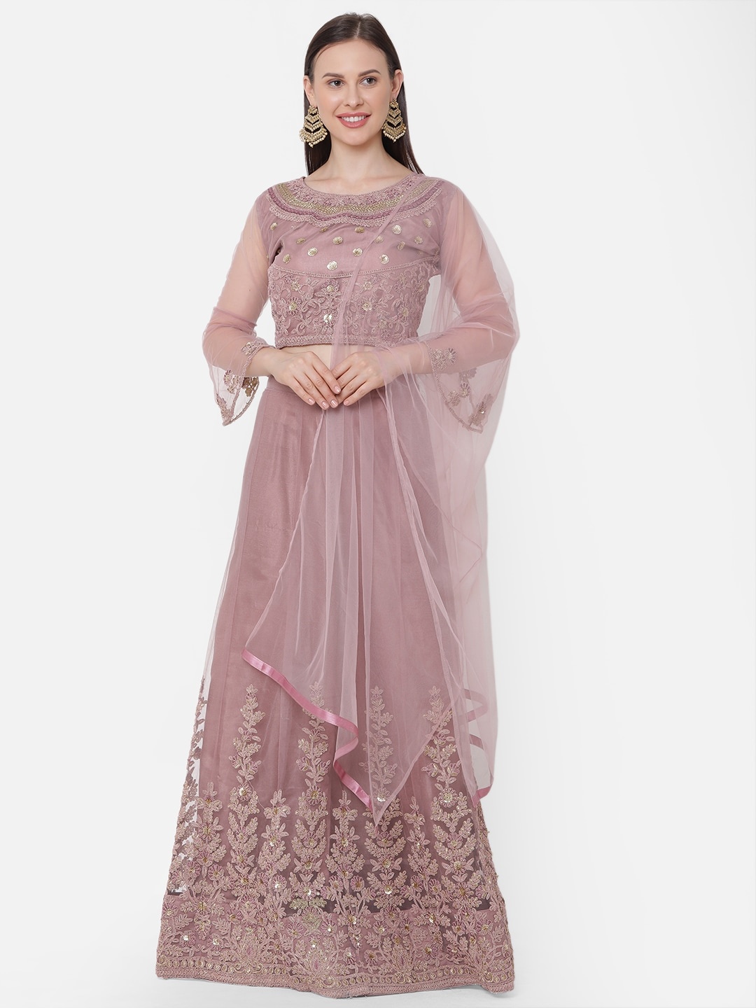 

RedRound Pink & Gold-Toned Embroidered Semi-Stitched Lehenga & Unstitched Blouse with Dupatta