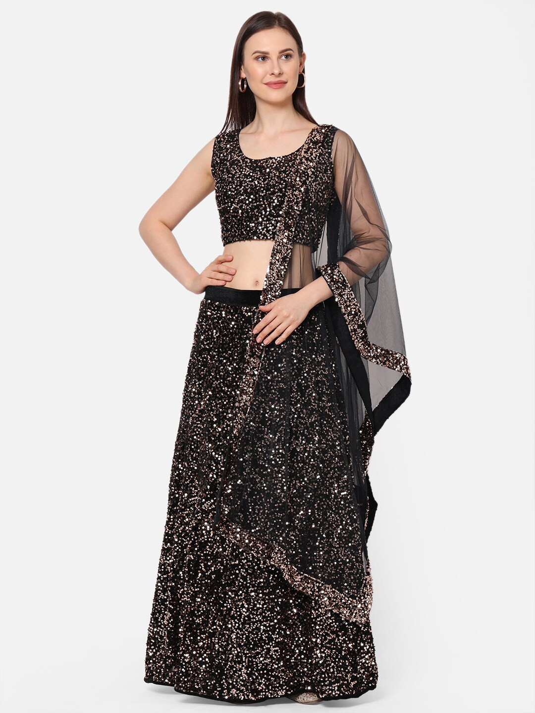 

RedRound Brown & Black Embellished Semi-Stitched Lehenga & Unstitched Blouse with Dupatta