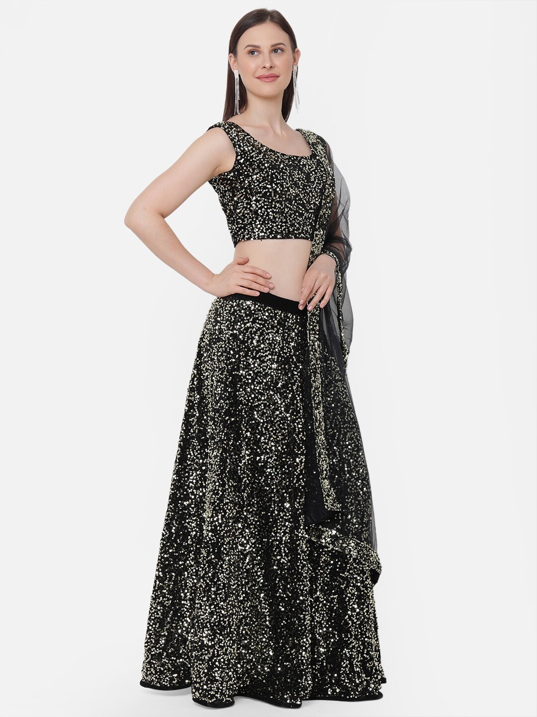 

RedRound Black & Gold-Toned Embellished Semi-Stitched Lehenga & Unstitched Blouse with Dupatta