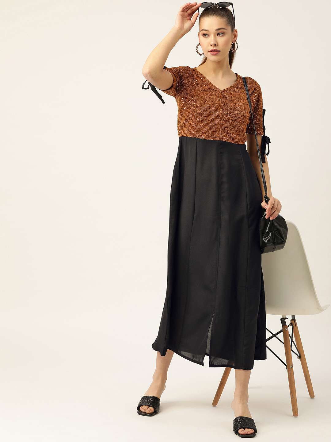 

DressBerry Black & Rust Brown Sequined Yok Colourblocked A-Line Midi Dress