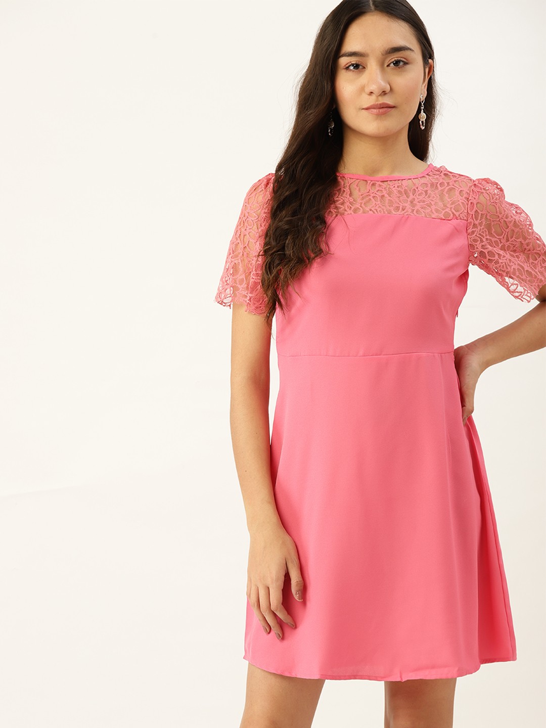 

DressBerry Pink Solid with Lace Detail A-Line Dress