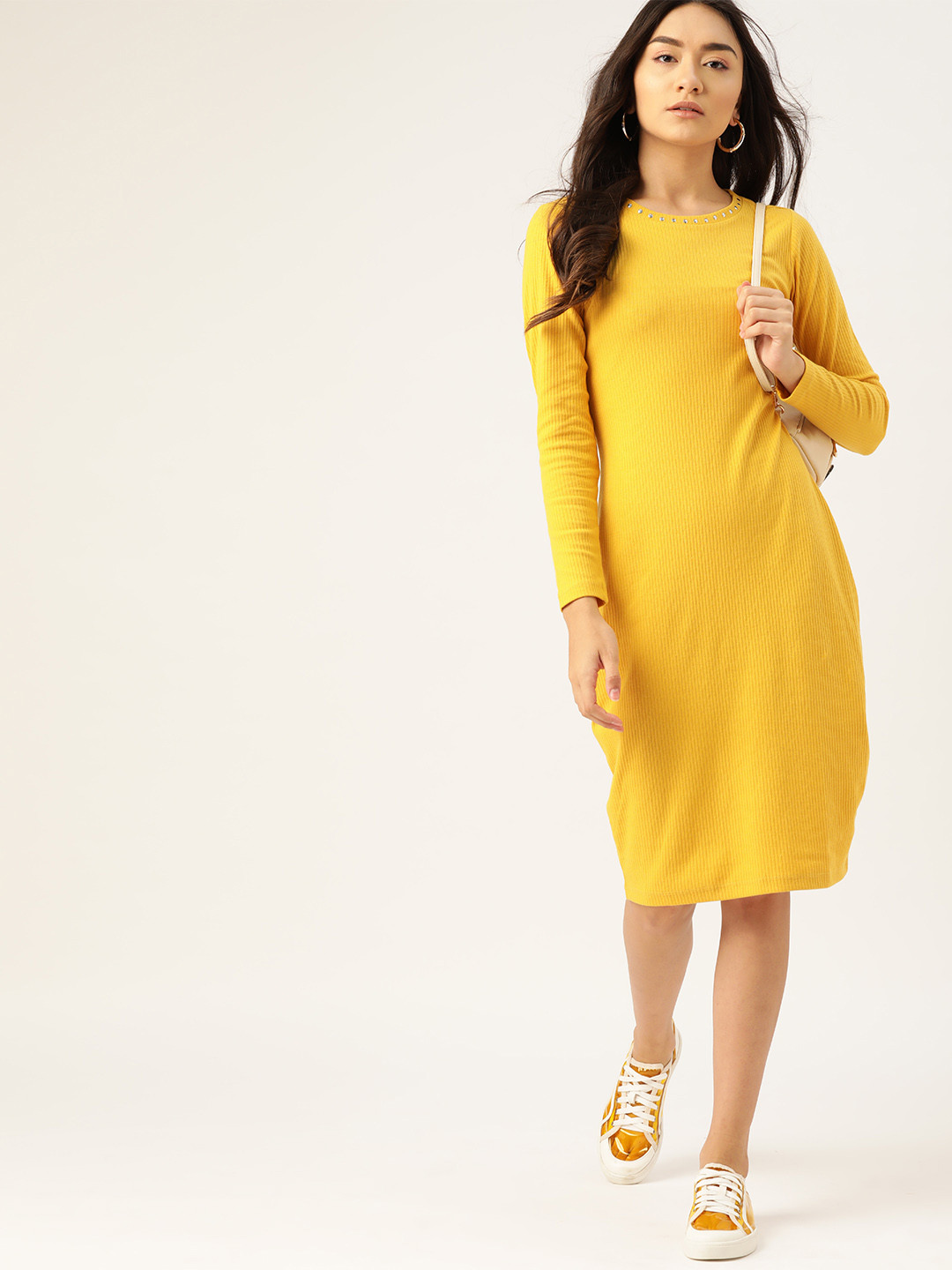 

DressBerry Mustard Yellow Ribbed Sheath Dress