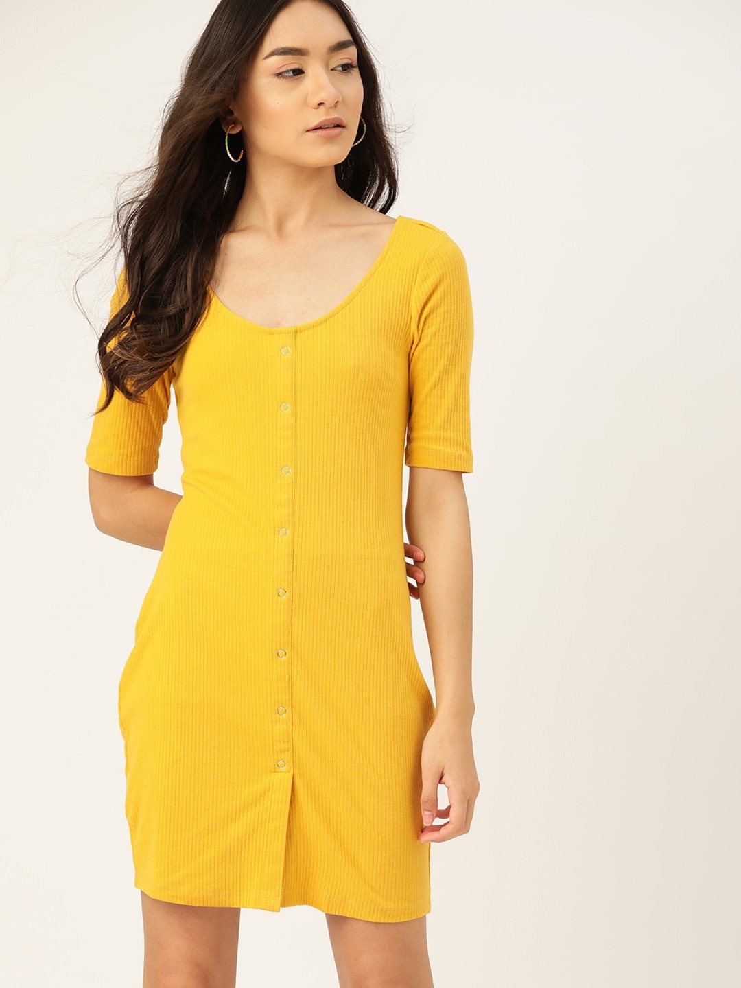 

DressBerry Yellow Ribbed Sheath Dress