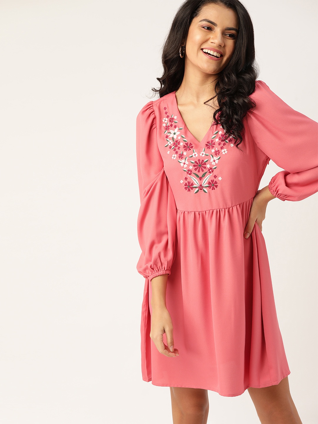 

DressBerry Peach-Coloured & White Floral Embroidered A-Line Dress