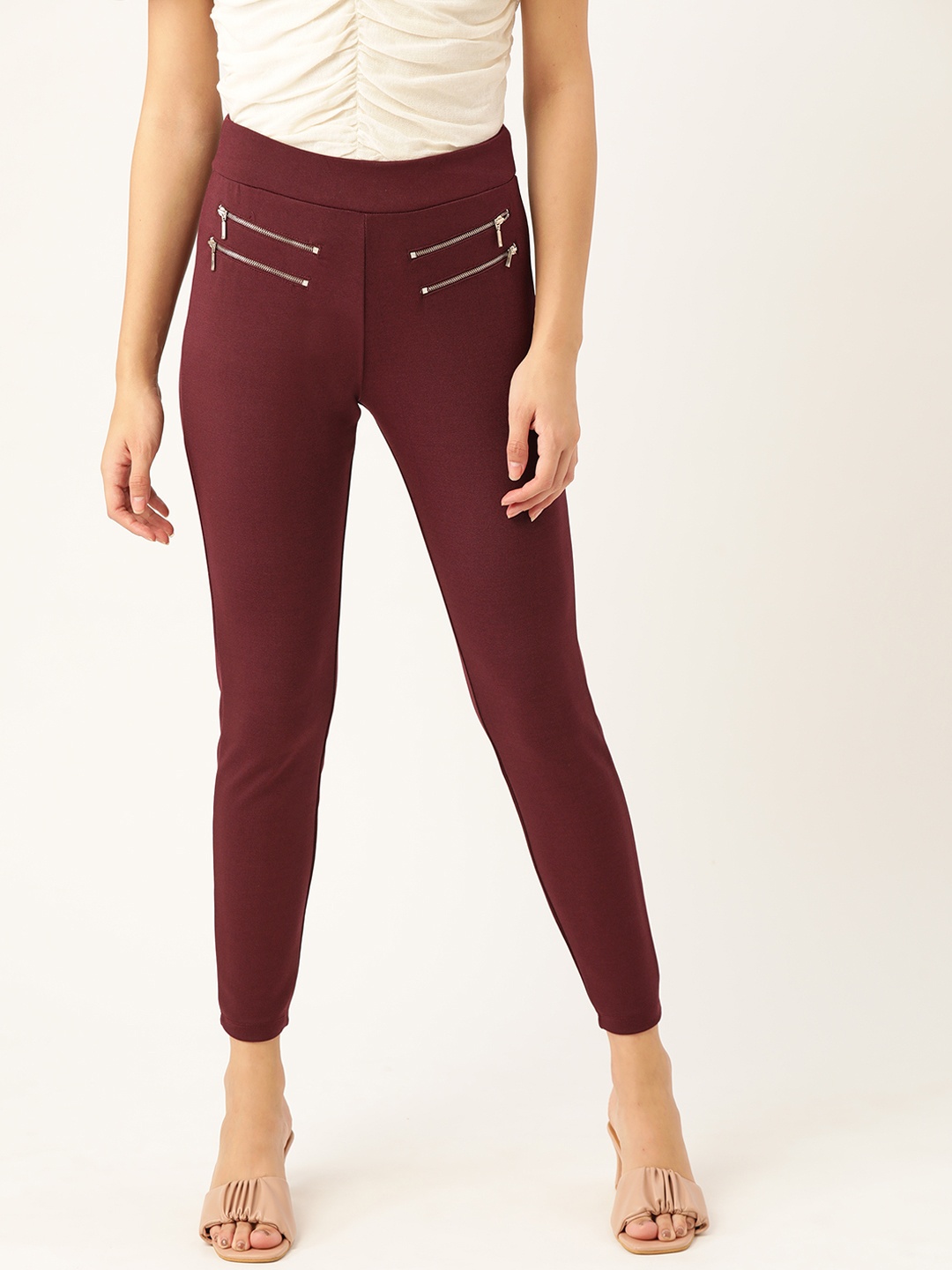 

DressBerry Women Burgundy Solid Jeggings