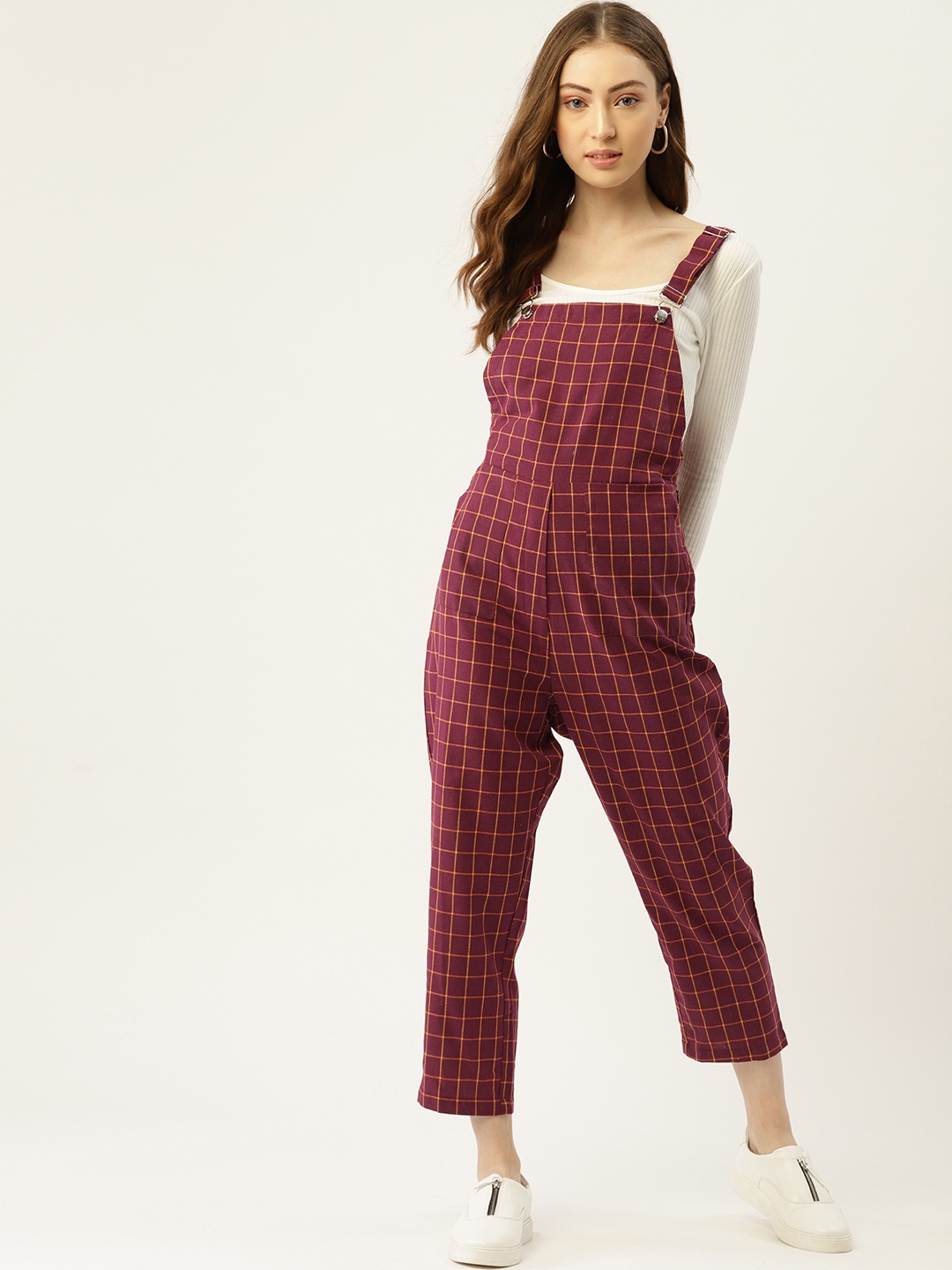 

DressBerry Maroon & White Checked Basic Dungaree