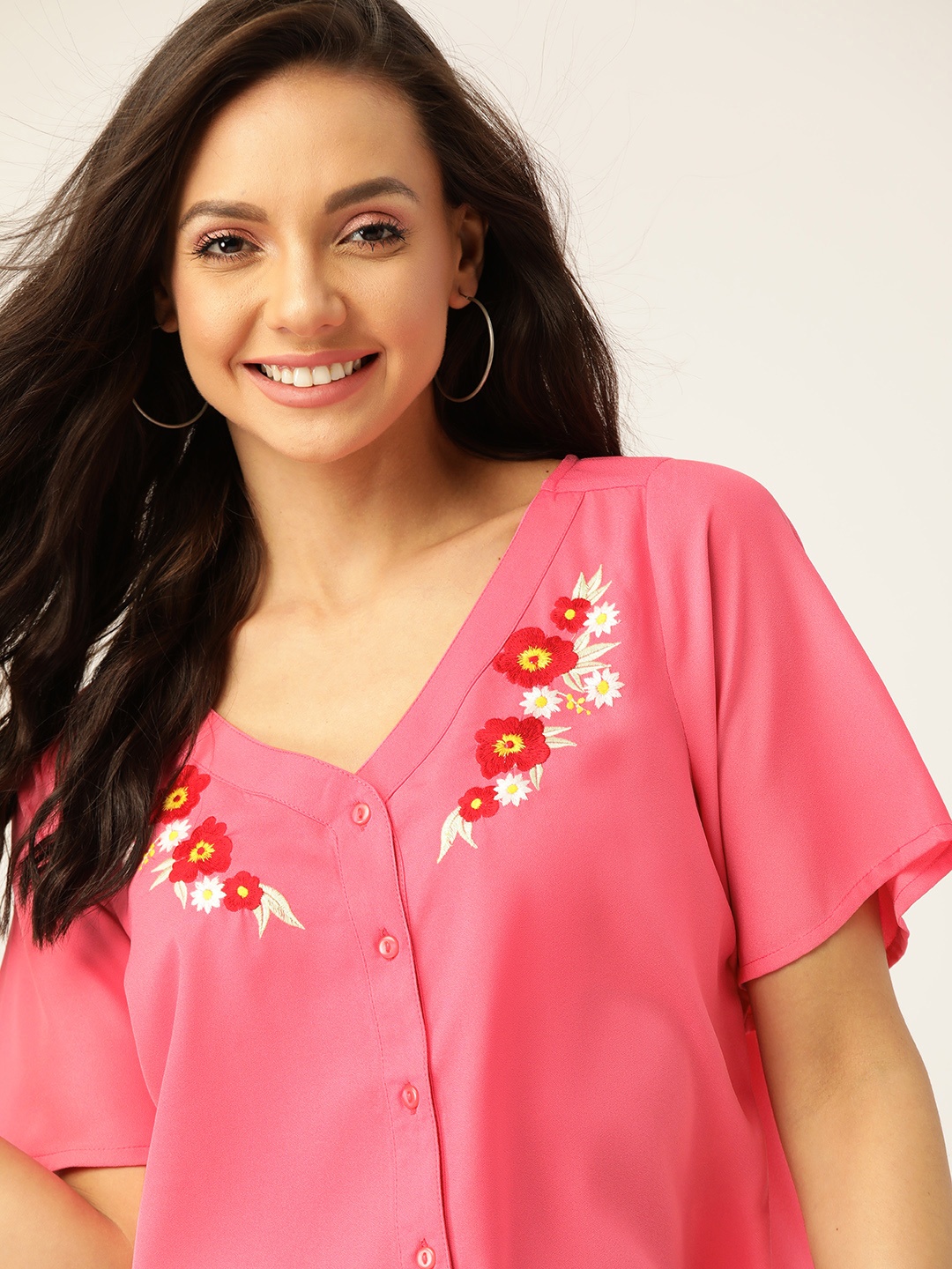 

DressBerry Pink & Maroon Floral Embroidered Flared Sleeve Boxy Top