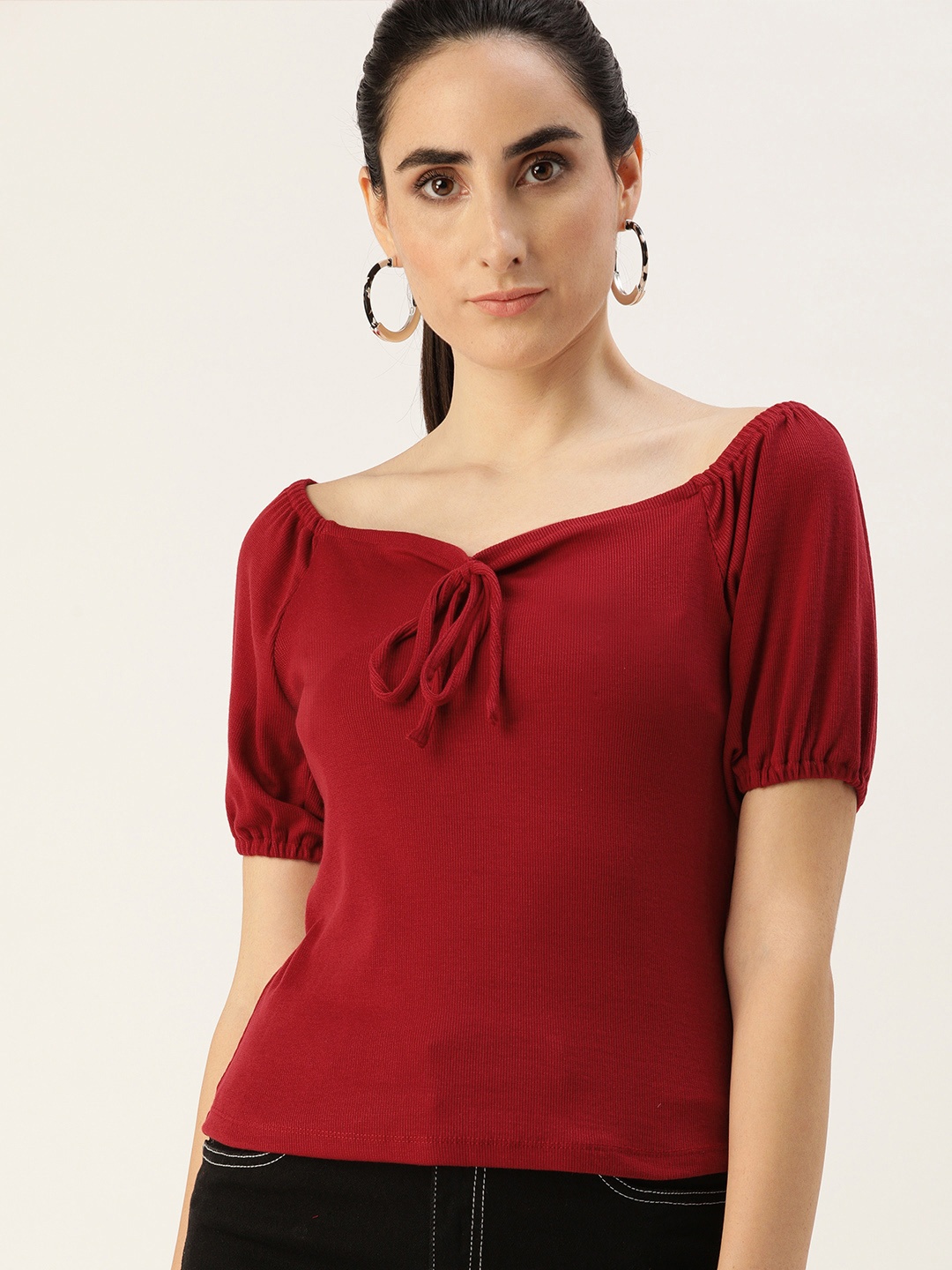 

DressBerry Red Off-Shoulder Puff Sleeve Ribbed Top