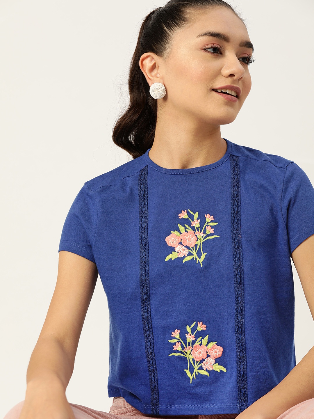 

DressBerry Blue Pure Cotton Floral Embroidered Regular Top