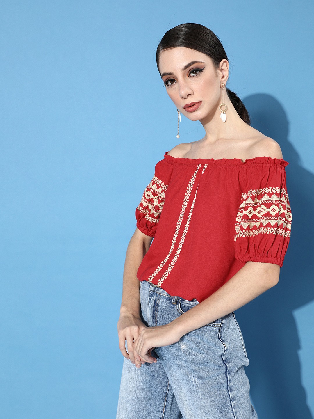 

DressBerry Red & Beige Geometric Embroidered Off-Shoulder Blouson Crop Top
