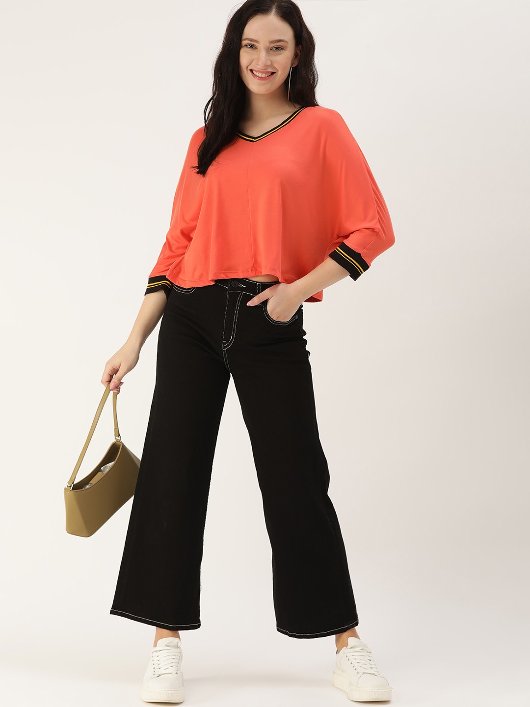 

DressBerry Women Orange Solid Batwing Sleeves Boxy Top