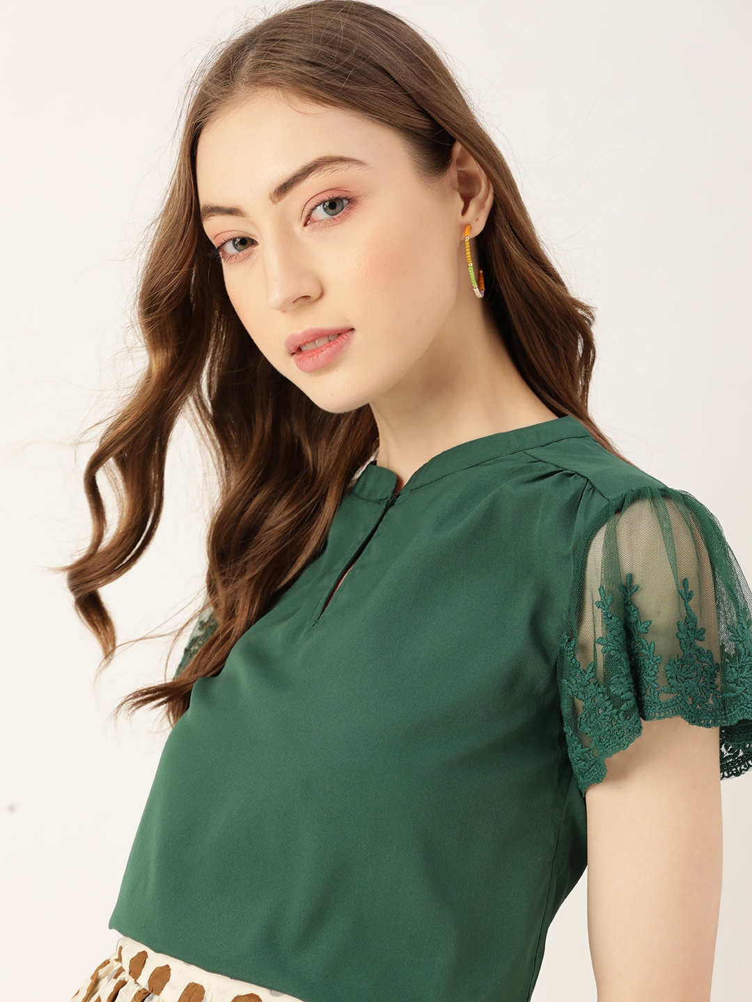 

DressBerry Green Solid Lace Sleeves Regular Top