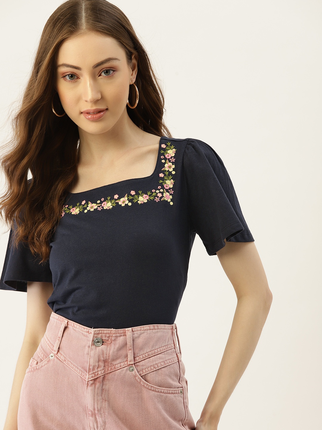 

DressBerry Women Navy Blue Solid Puff Sleeves Top with Embroidered Detail