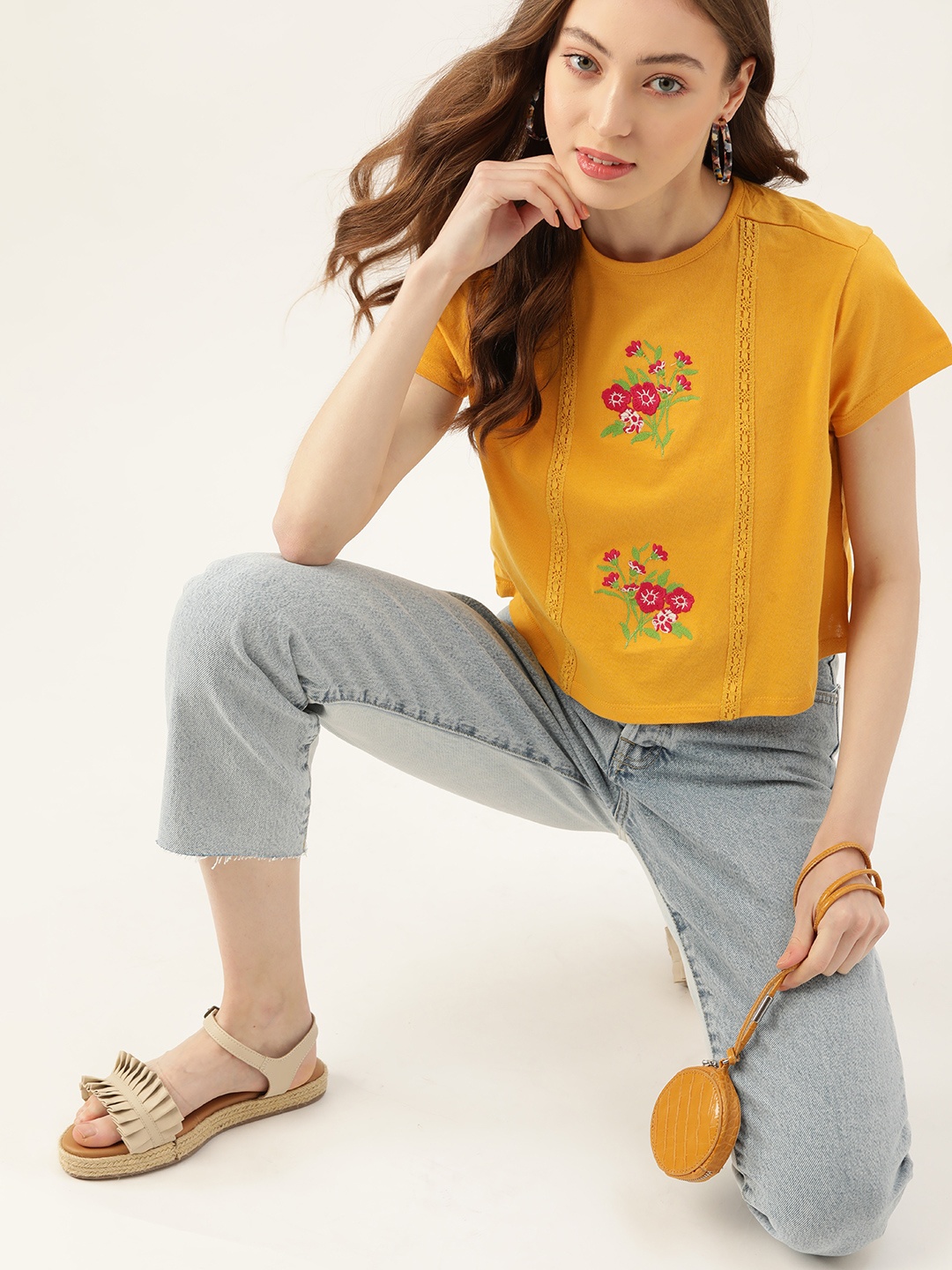 

DressBerry Mustard Yellow & Pink Floral Embroidered Regular Top