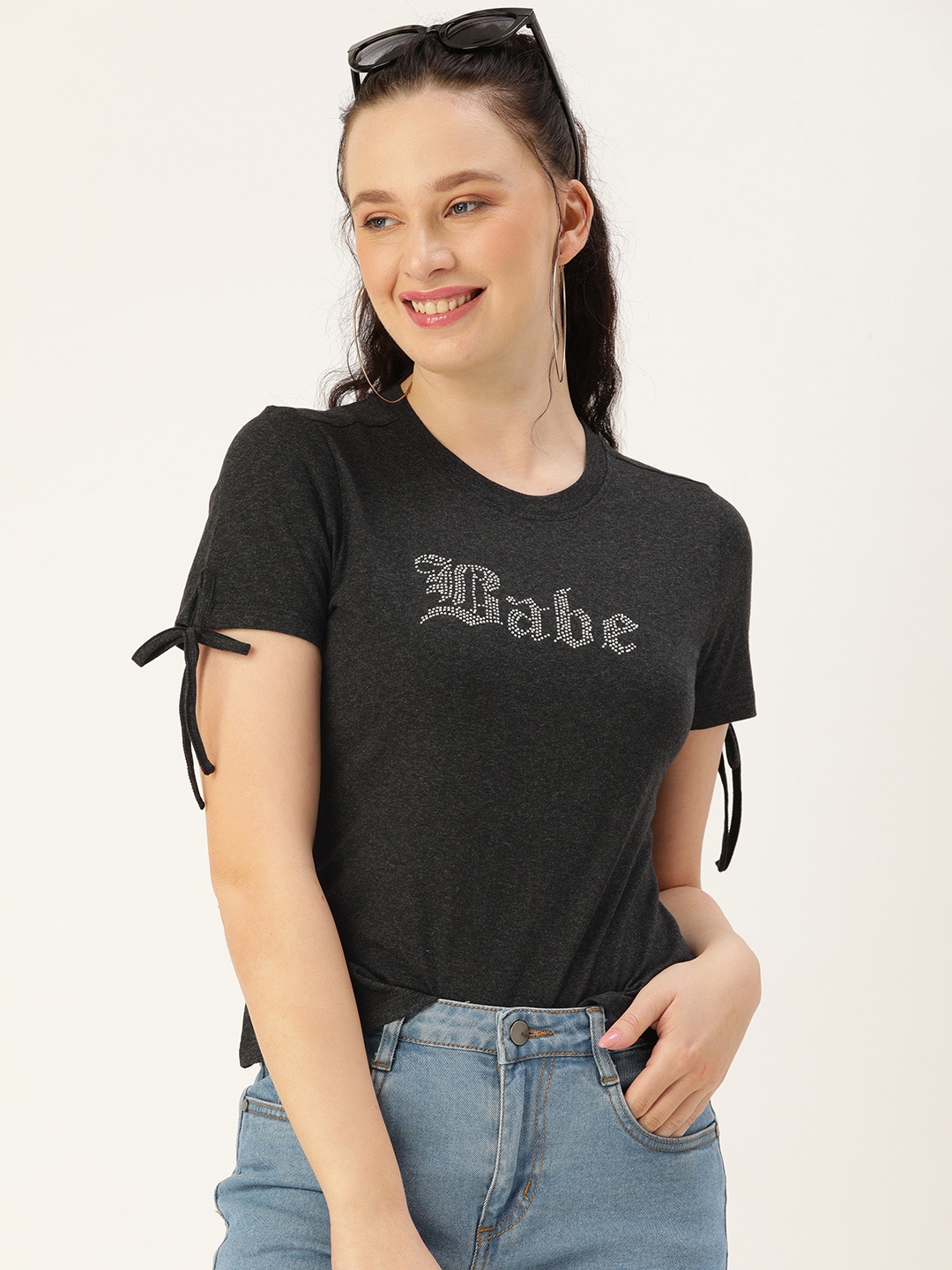 

DressBerry Women Black Embellished Regular Top With Tie-Up Sleeves