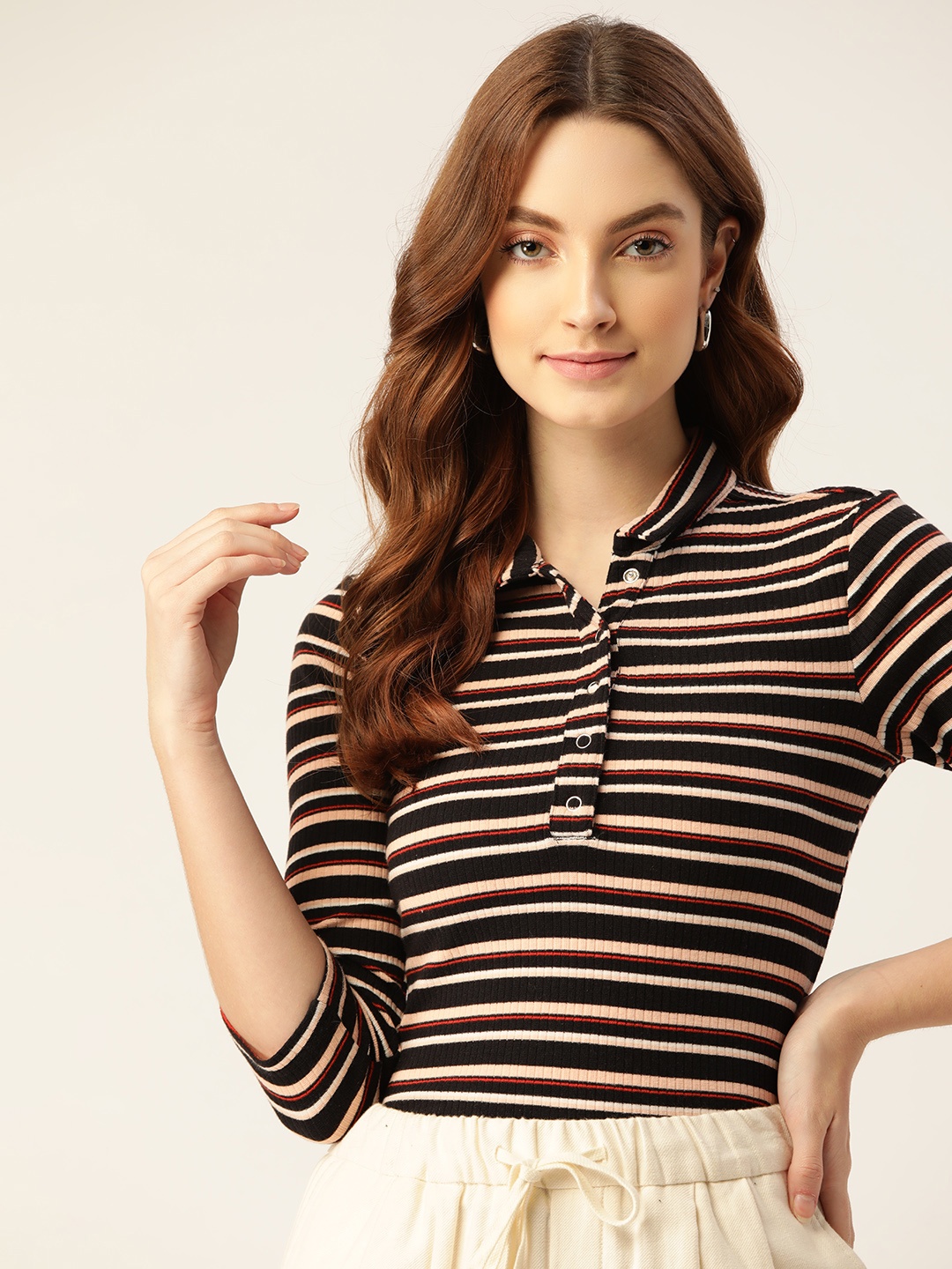 

DressBerry Black & Peach-Coloured Striped Regular Top
