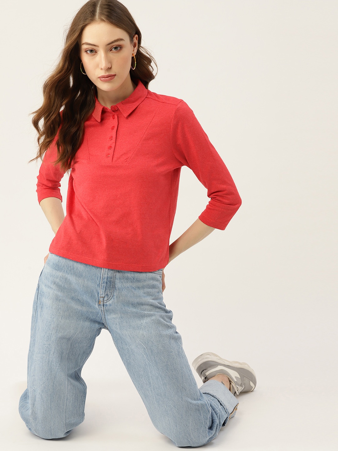 

DressBerry Women Red Solid Polo Collar T-shirt
