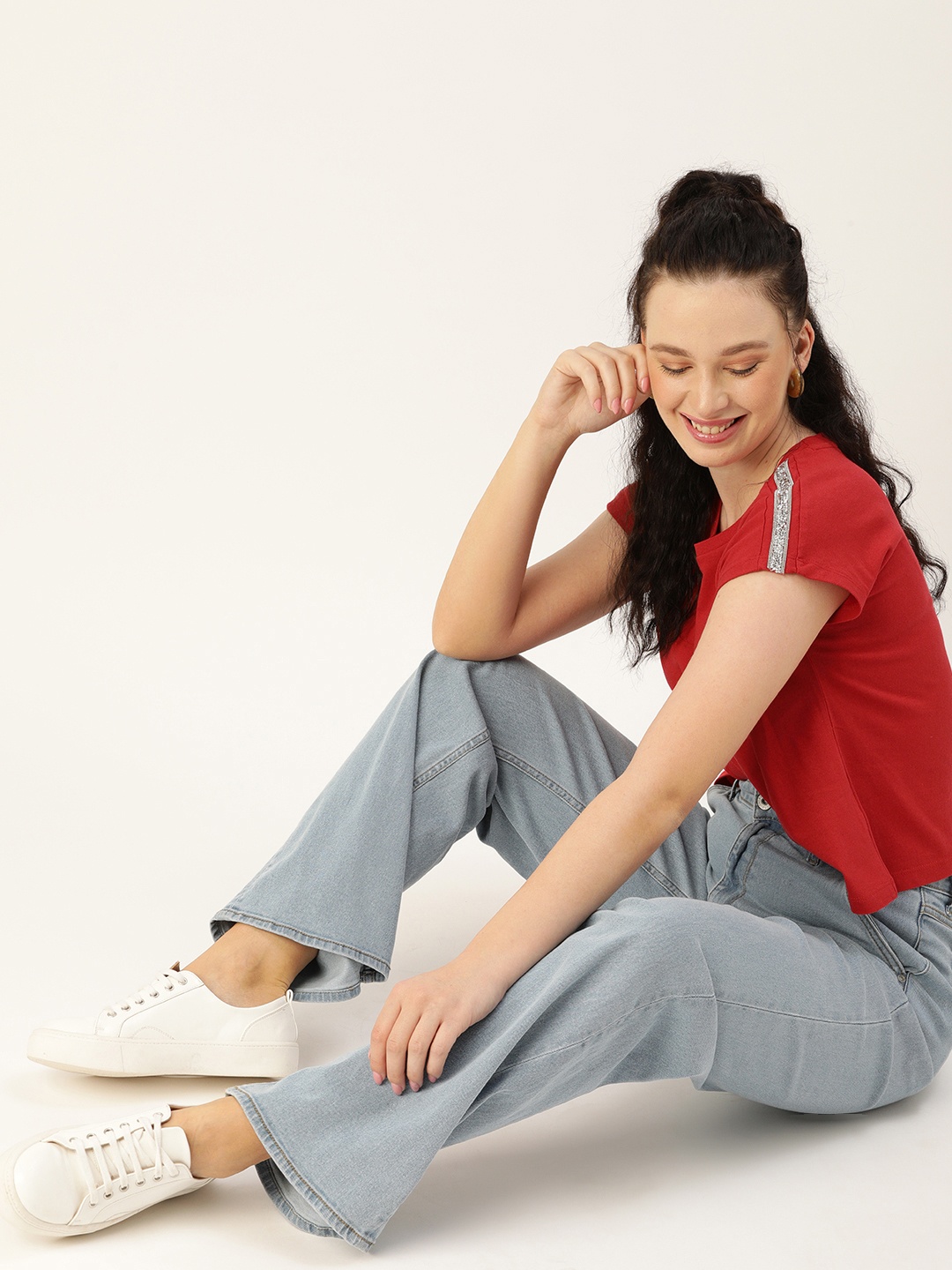 

DressBerry Women Red Extended Sleeves Crop T-shirt