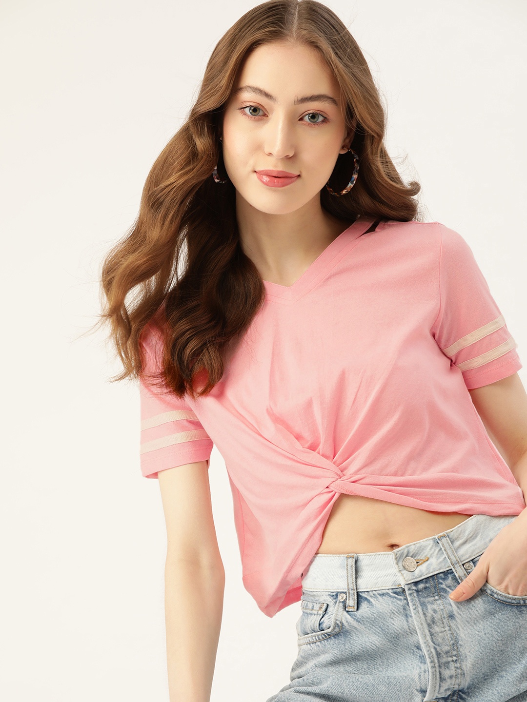 

DressBerry Pink Solid Twisted Regular Crop Top