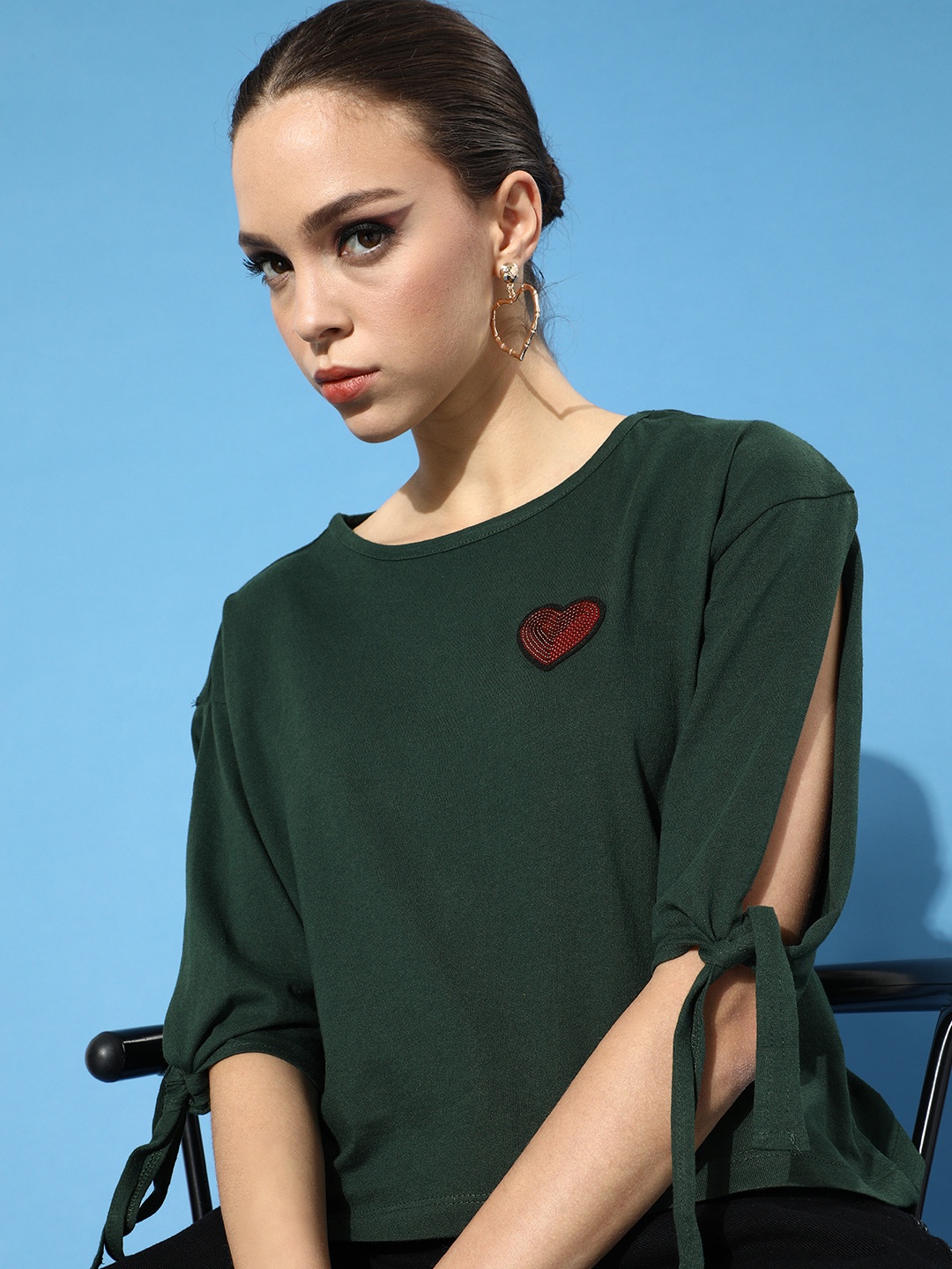 

DressBerry Green Solid Appliqued Regular Top