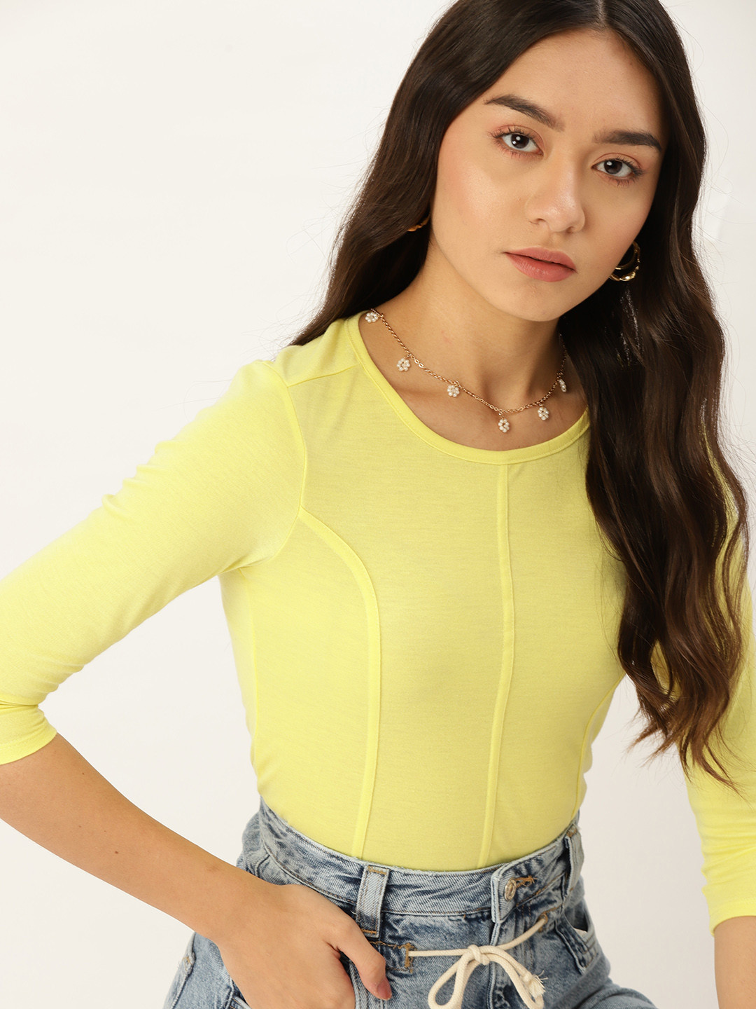

DressBerry Yellow Solid Fitted Top