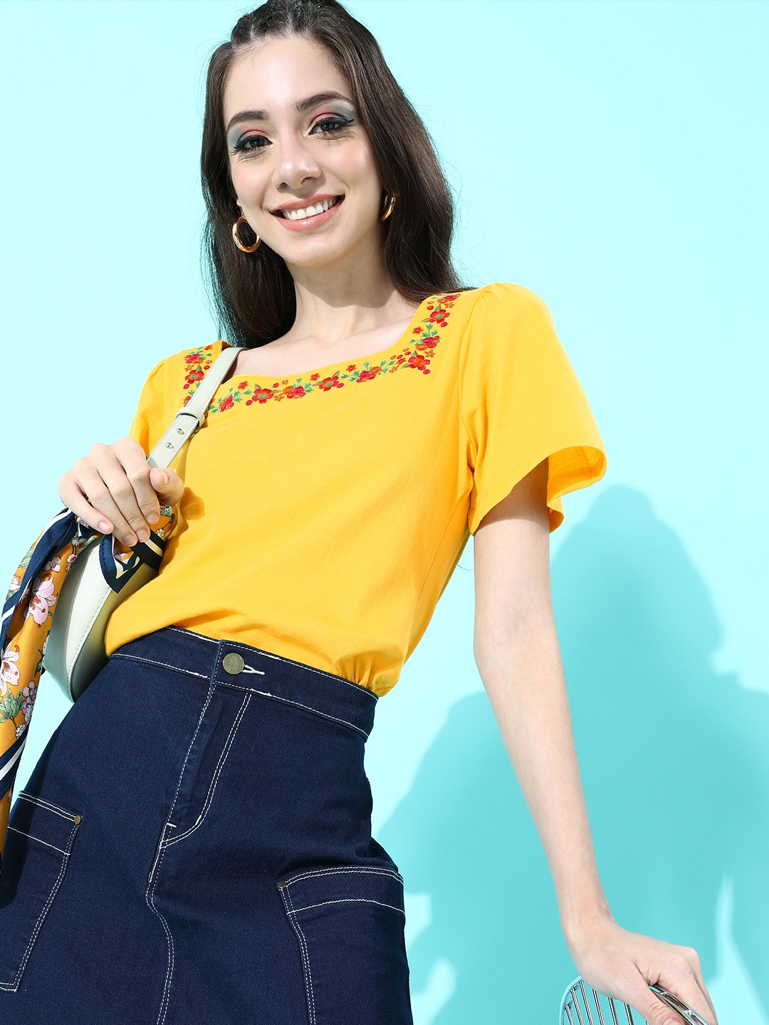 

DressBerry Women Bright Yellow Floral Top