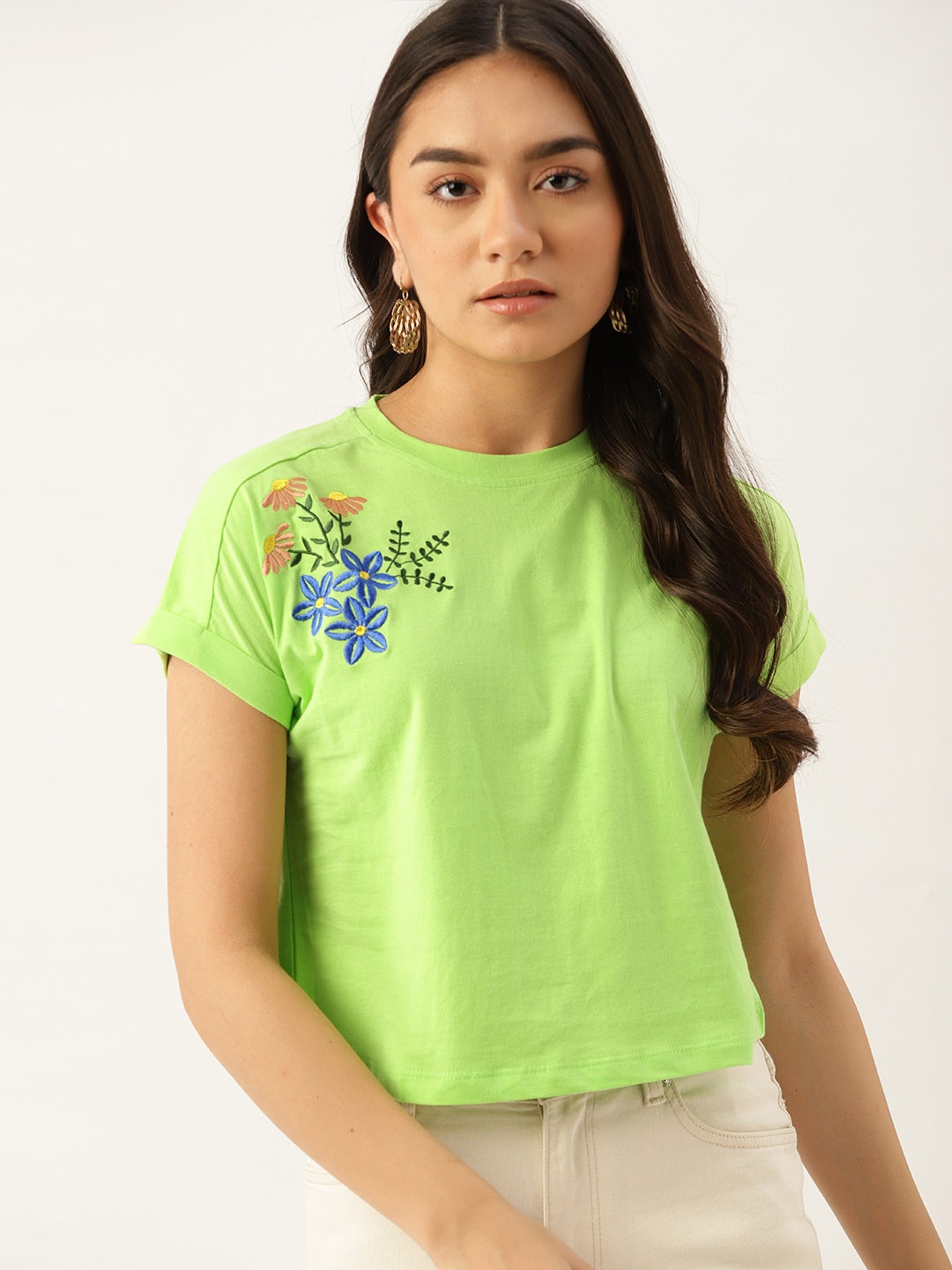 

DressBerry Green & Blue Regular Top with Floral Embroidery