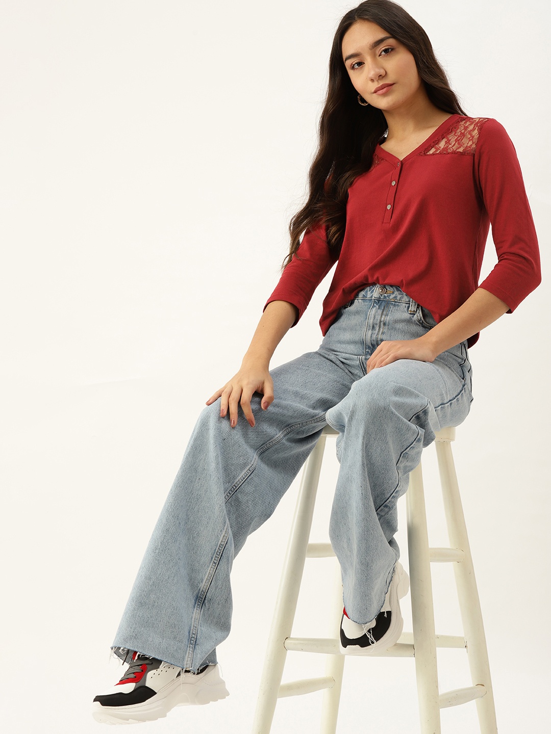 

DressBerry Maroon Solid Regular Top With Lace Insert Detail