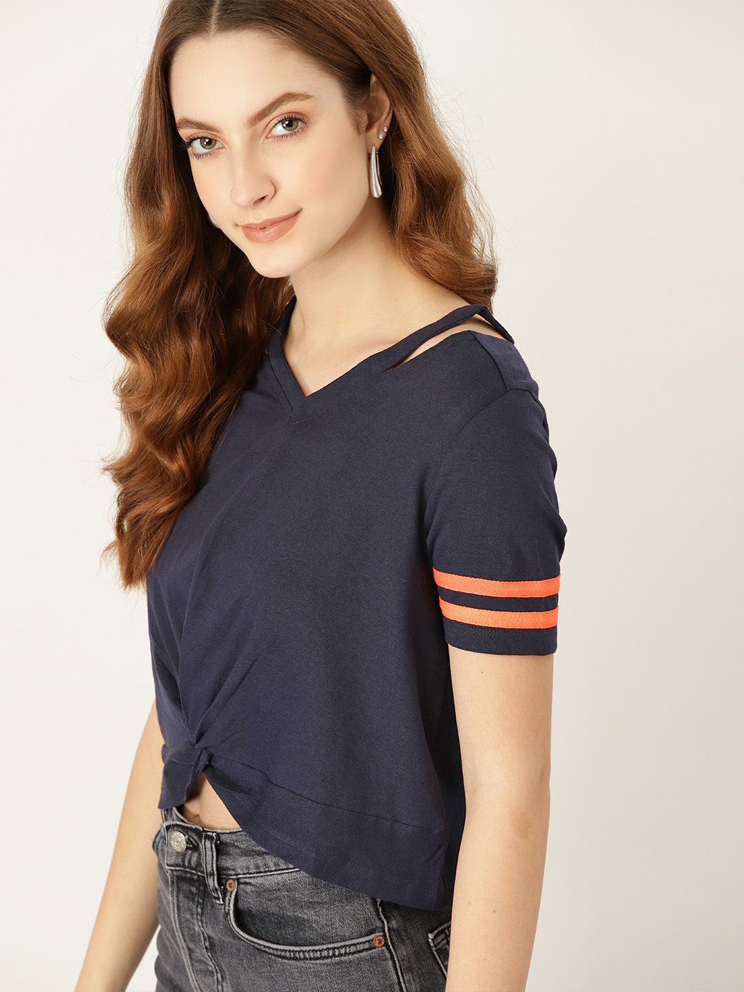 

DressBerry Women Navy Blue Solid Crop Top with Cut Out Detail